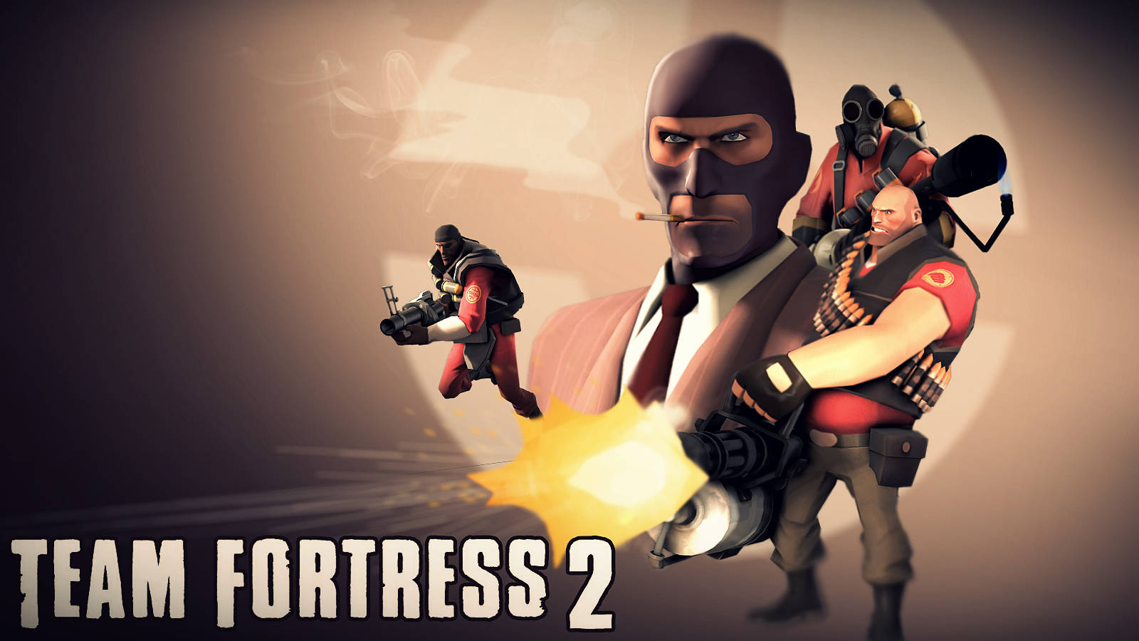 Team 桌布 壁紙 — 三個風格化的 Team Fortress 2 角色，身穿紅色和黑色裝備，在煙霧瀰漫的米色背景和遊戲標題文字前動態擺姿勢。