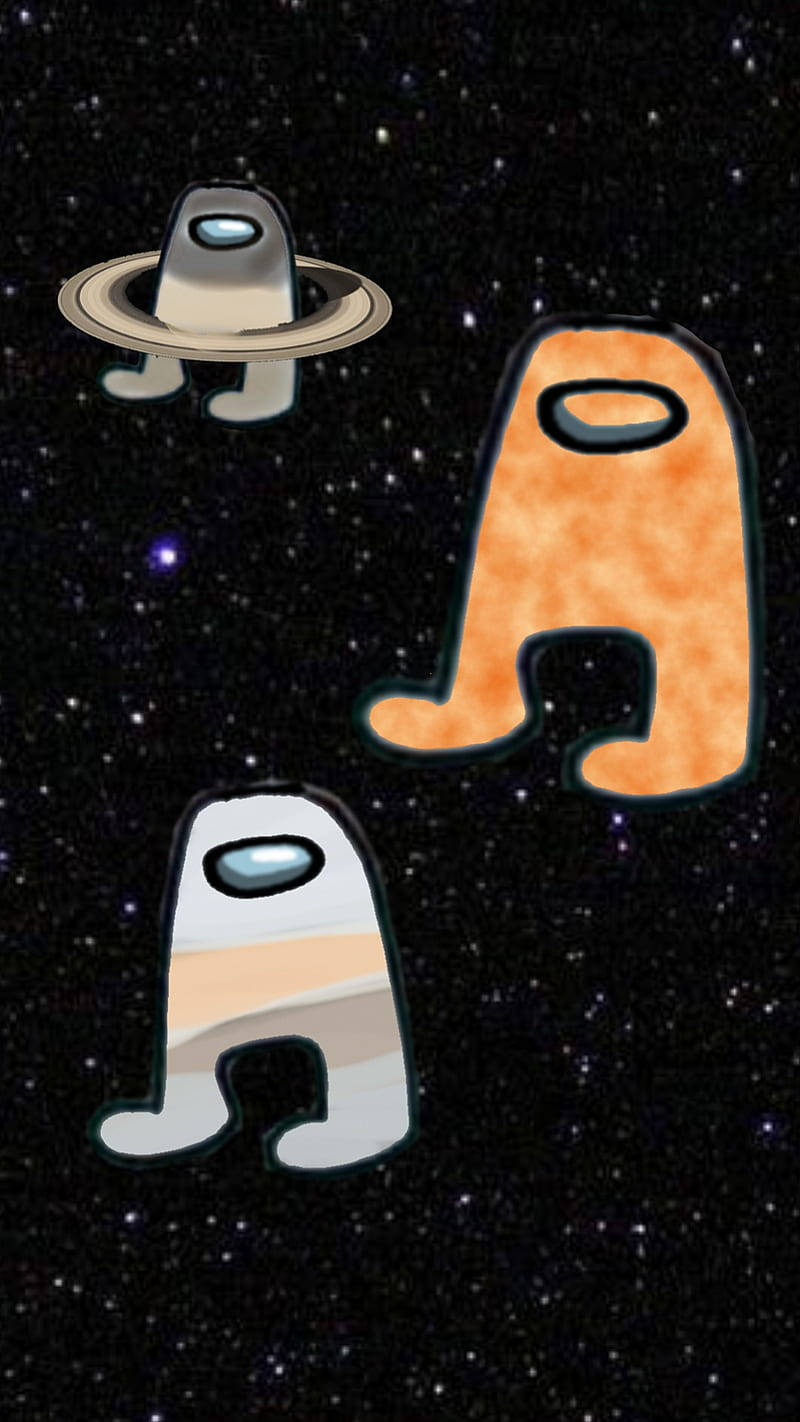 meme 桌布 壁紙 — 三個風格化的Among Us船員漂浮在滿天星斗的太空背景中，其中一個戴著類似土星環的環。