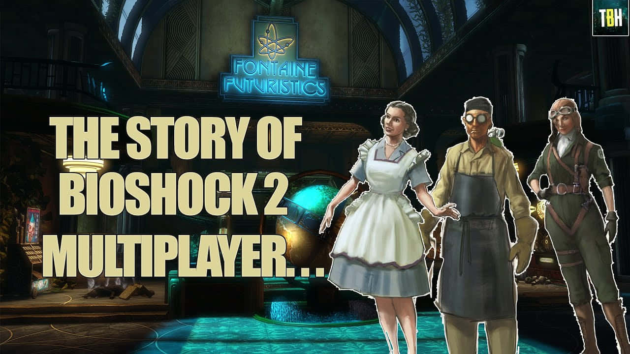 Bioshock Characters 桌布 壁紙 — 三個風格化的Bioshock 2角色站在燈光昏暗的Fontaine Futuristics大廳中，帶有發光的藍色點綴和復古科幻裝飾。