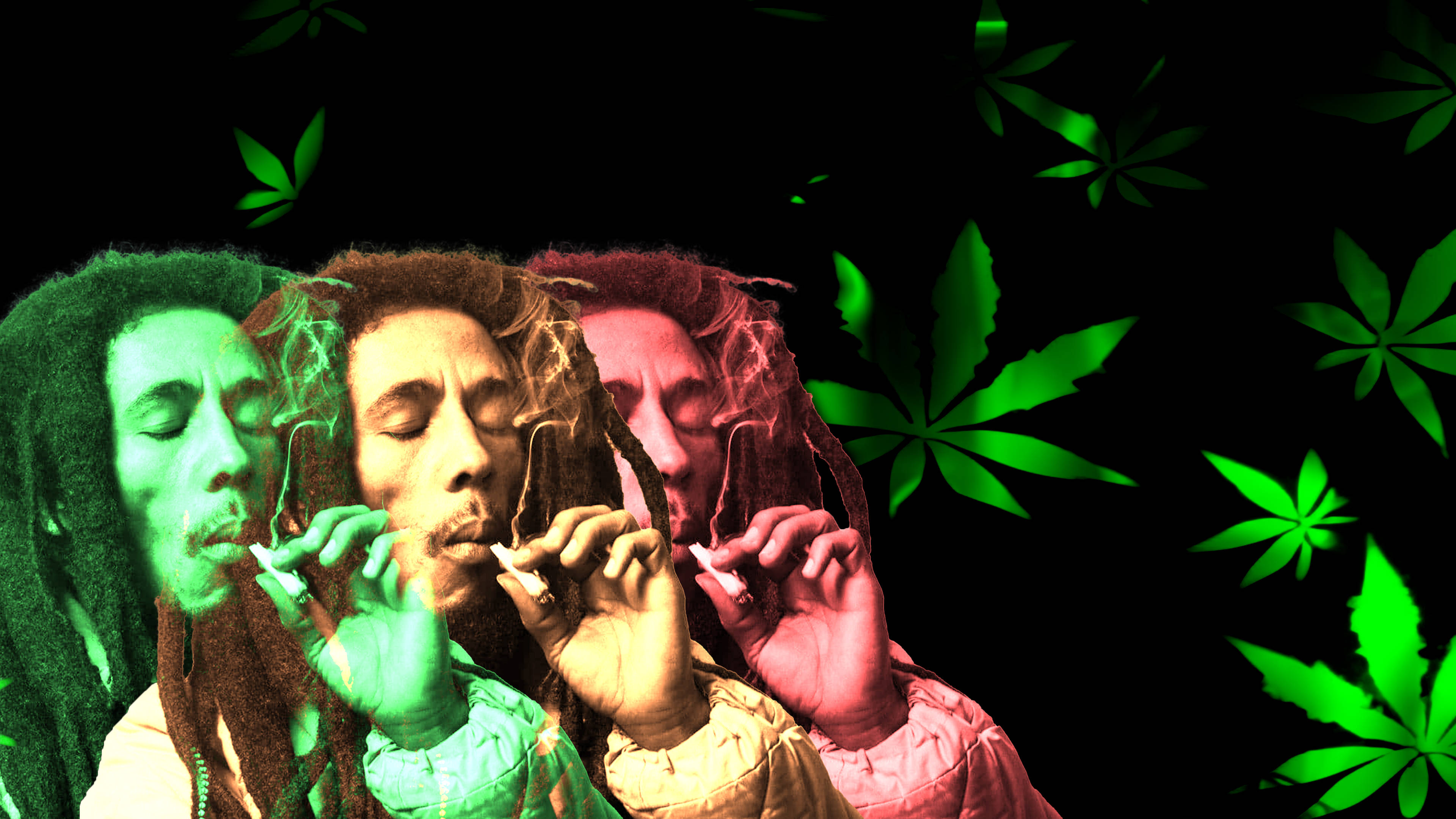 Bob Marley 桌布 壁紙 — 三個風格化的Bob Marley肖像，以綠色、紅色和黃色色調，在黑色背景上吸煙，並帶有發光的綠色大麻葉。