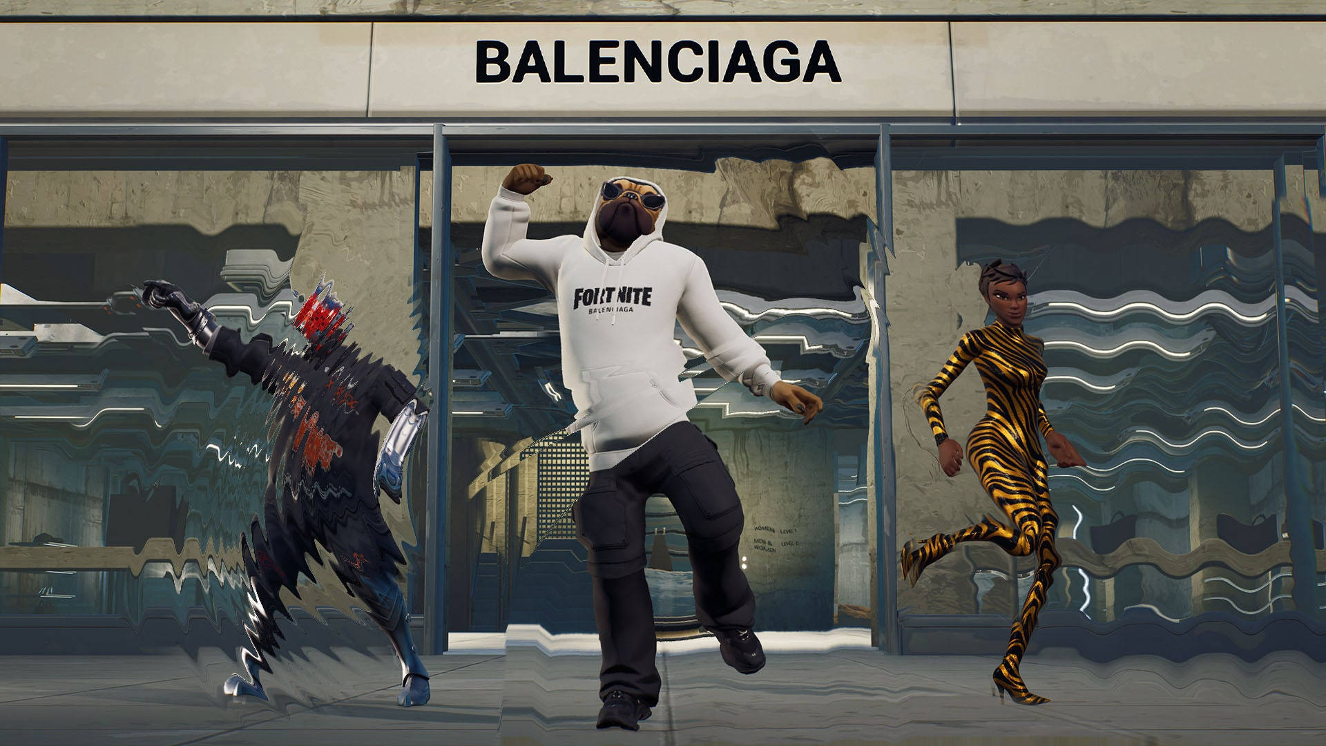 Balenciaga 桌布 壁紙 — 三個風格化的Fortnite角色在Balenciaga商店前充滿活力地跳舞，玻璃反射扭曲。