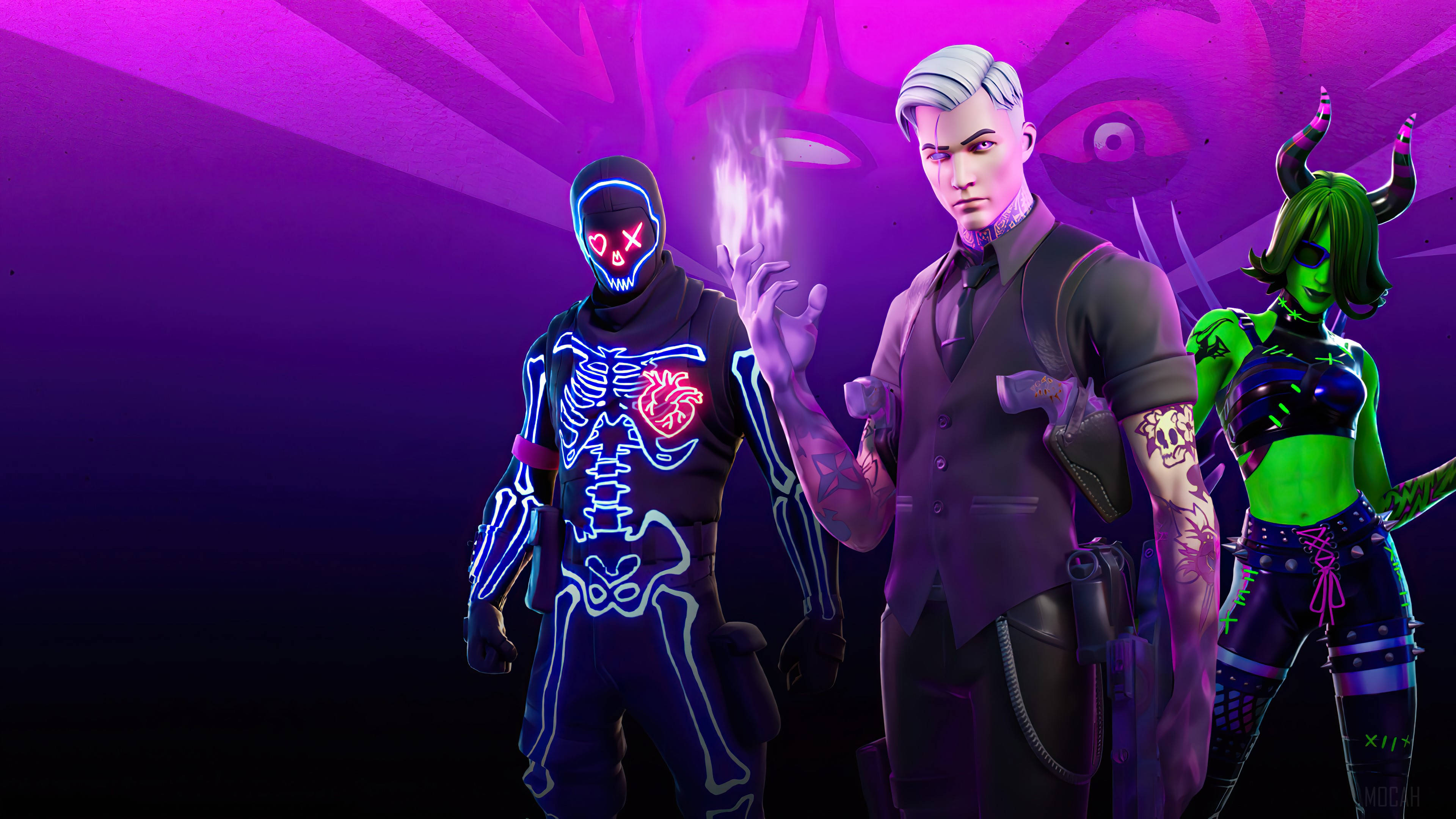 桌布 壁紙 — 三個風格化的Fortnite角色在黑暗的宇宙背景中散發著霓虹紫色和綠色的光芒，背景中有漂浮的眼睛。