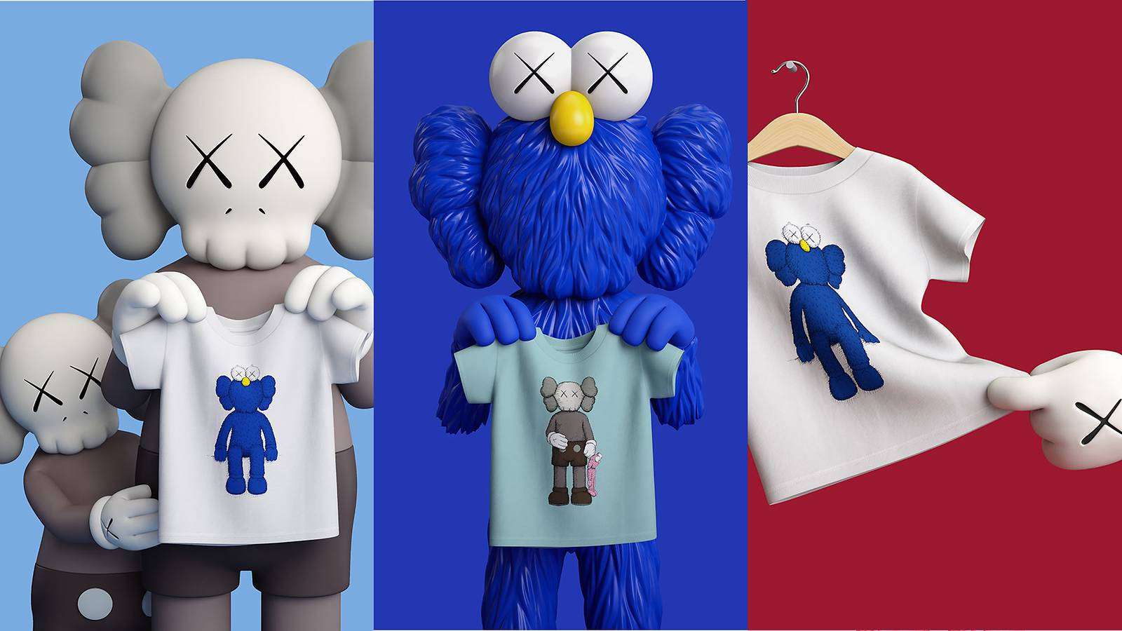 Uniqlo 桌布 壁紙 — 三個風格化的KAWS人偶展示印有自己角色設計的T恤，背景為大膽的顏色。