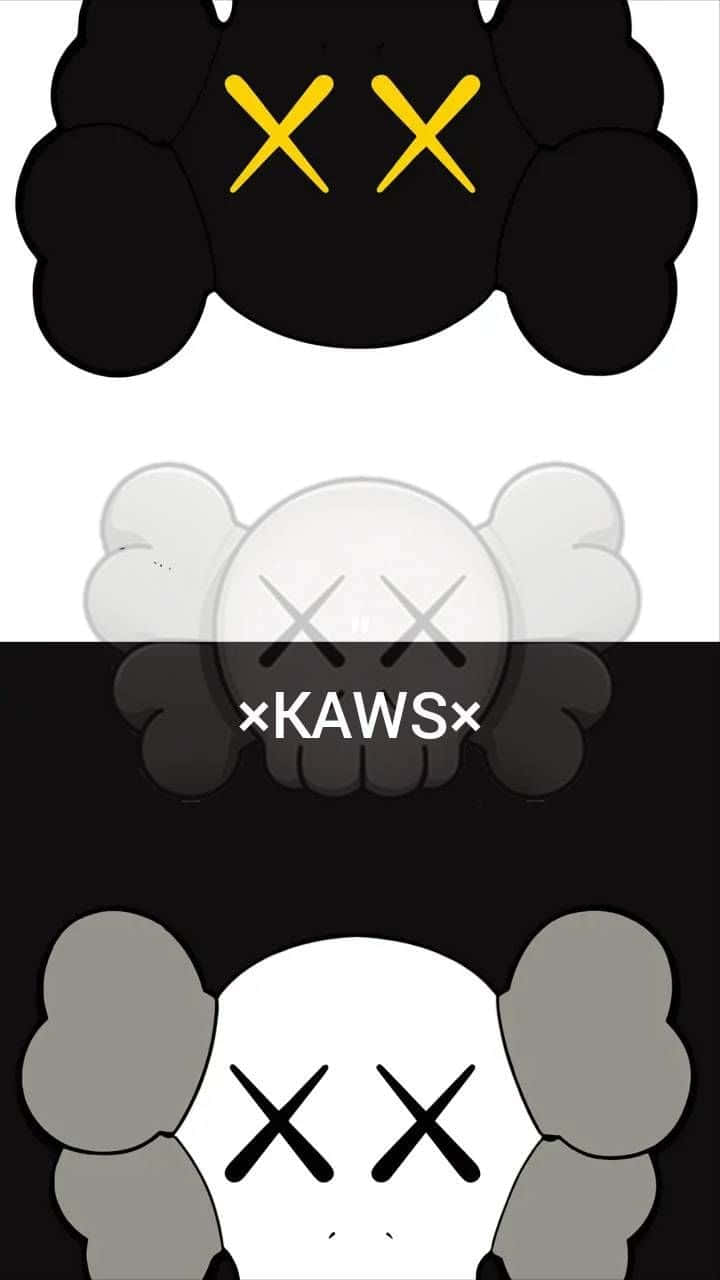 kaws 4K 桌布 壁紙 — 三個風格化的KAWS角色，以黑色、白色和灰色呈現，帶有X形眼睛，背景為純色。