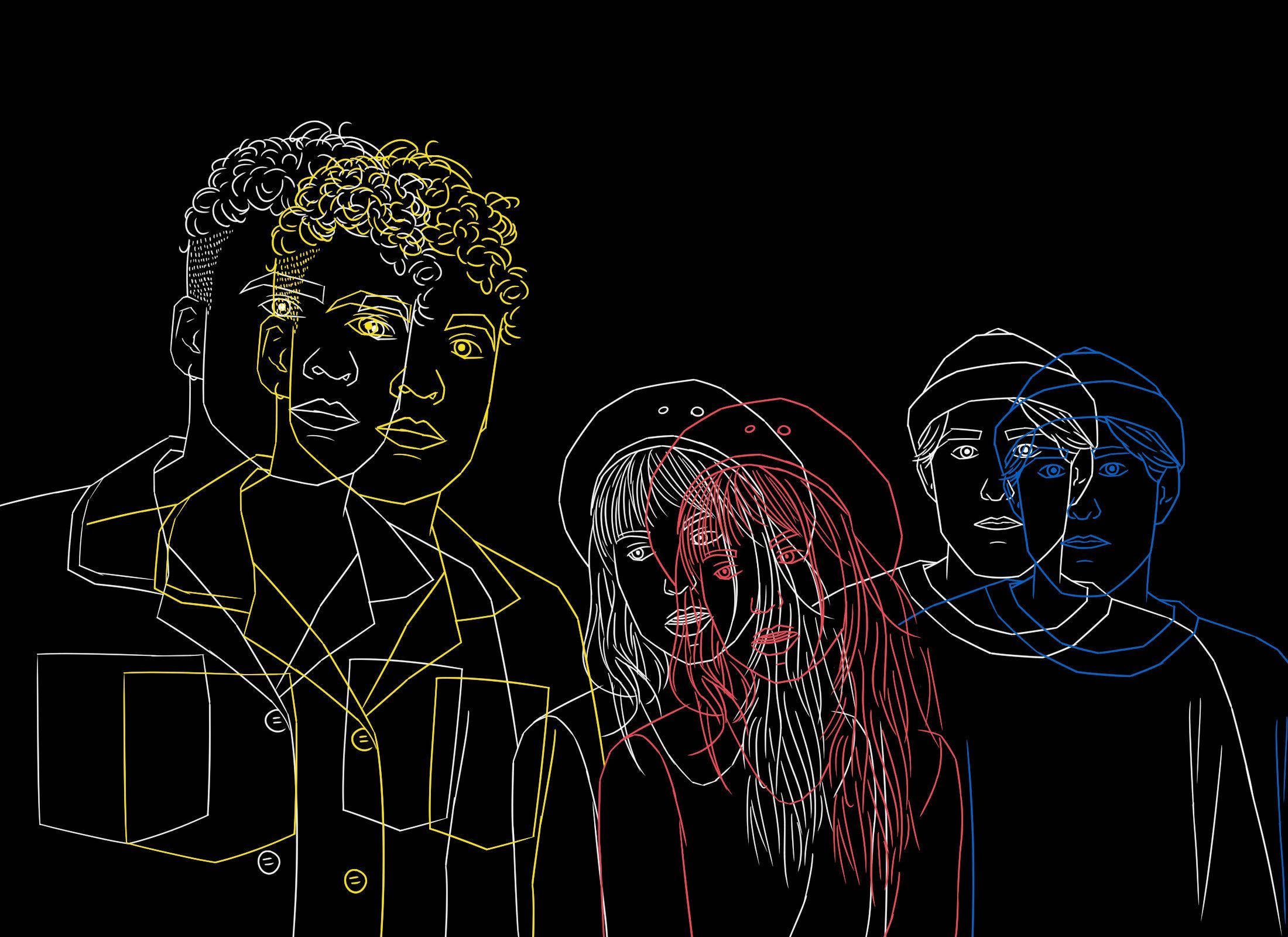 Paramore 桌布 壁紙 — 三個風格化的人物，以發光霓虹色彩勾勒輪廓，背景為黑色。
