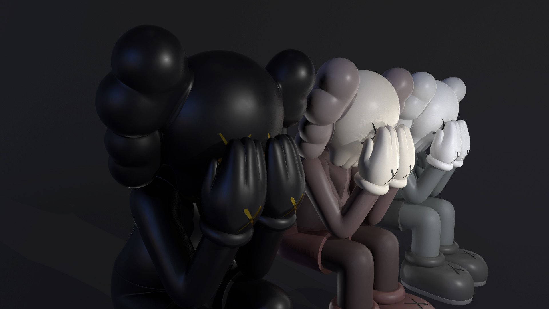 KAWS 桌布 壁紙 — 三個風格化的人物，頭部呈球根狀，排成一排，在深色背景下用手遮住臉。