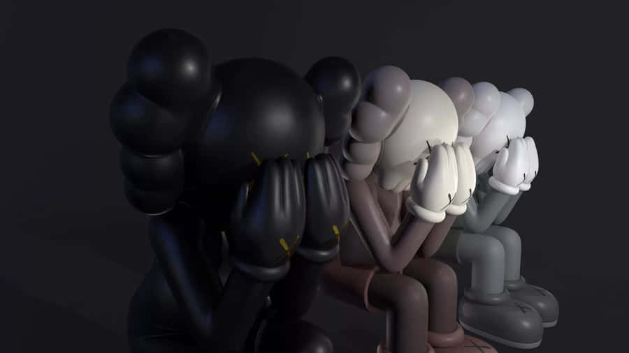 Cool Kaws 桌布 壁紙 — 三個風格化的人物，頭部呈球根狀，排成一排，在深色背景下用手遮住臉。