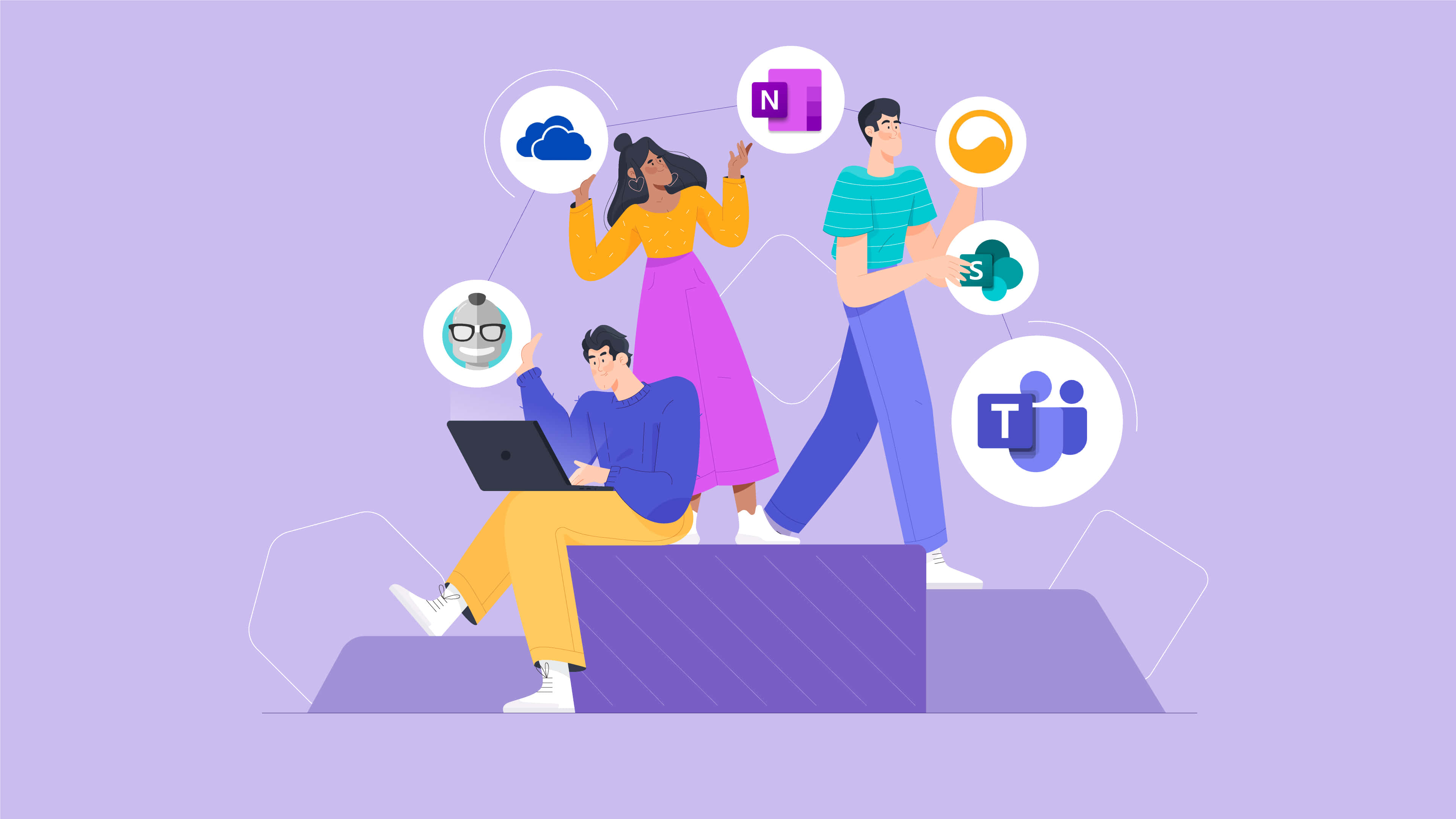 Microsoft Teams 桌布 壁紙 — 三個風格化的人物在一個紫色平台上協作，周圍環繞著浮動的科技圖標，採用平面向量插圖風格。