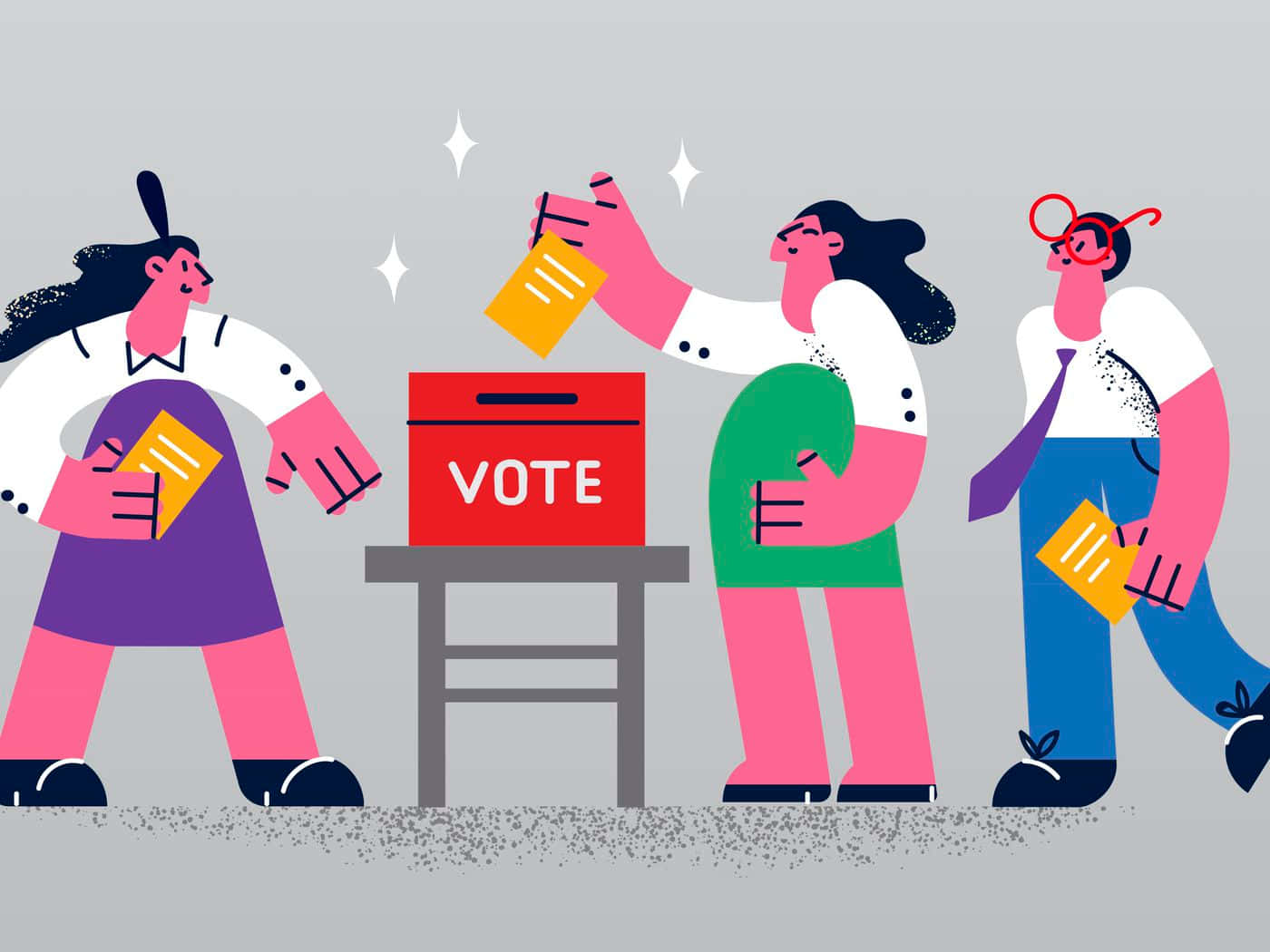 Voting 桌布 壁紙 — 三個風格化的人物在閃爍的燈光下將選票投入紅色投票箱。