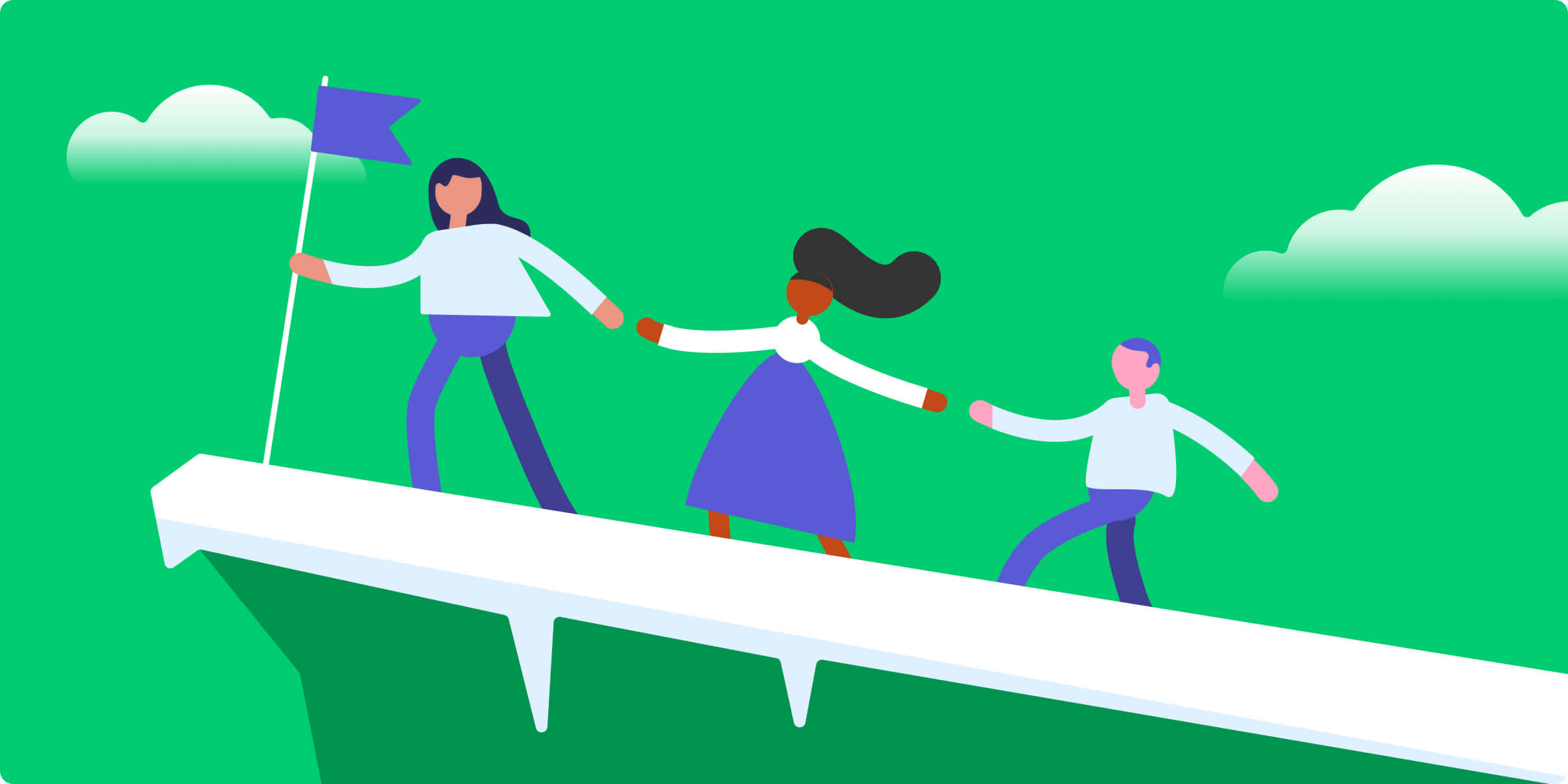 Leadership 桌布 壁紙 — 三個風格化的人物手牽手走過一座白色橋樑，背景是充滿活力的綠色天空和雲朵，其中一人手持紫色旗幟。