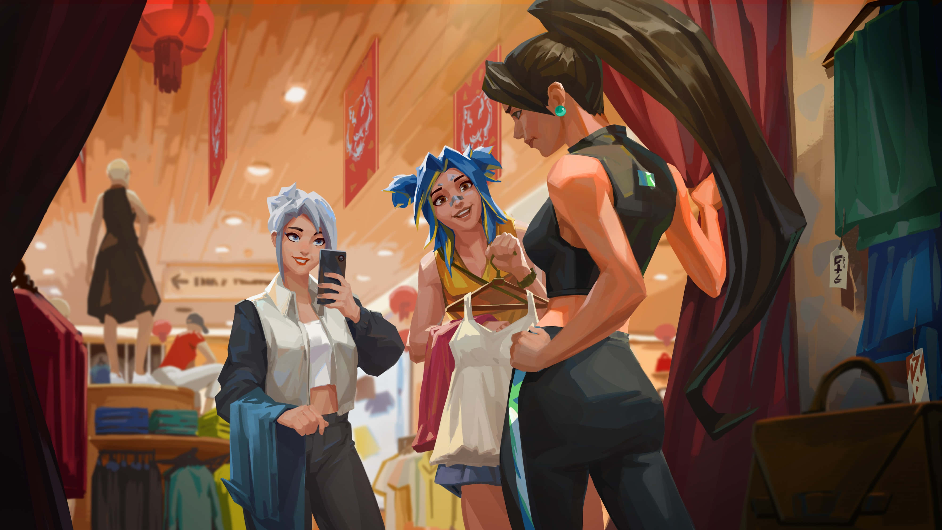 Valorant Agents 桌布 壁紙 — 三個風格化的動漫女孩在溫暖燈光的精品店裡瀏覽衣服，店內有紅色燈籠和木樑。