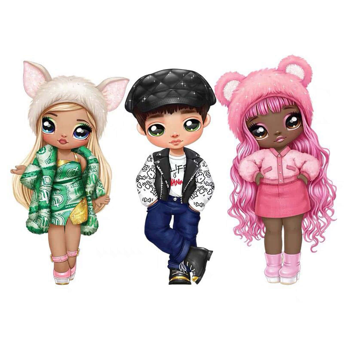 Lol Dolls 桌布 壁紙 — 三個風格化的動漫娃娃，帶有動物耳朵，穿著時尚服裝，背景為純白色。