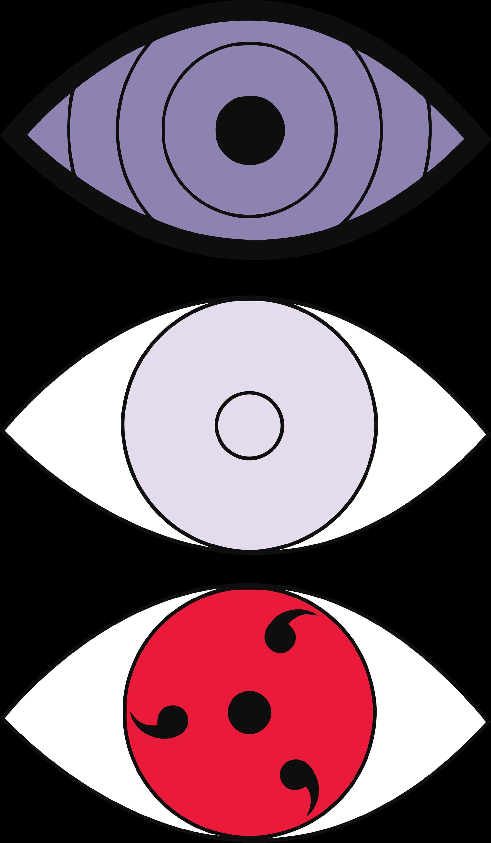 Sharingan Eyes 桌布 壁紙 — 三個風格化的動漫眼睛垂直堆疊，帶有紫色同心圓、薰衣草瞳孔和紅色巴紋，背景為黑色。