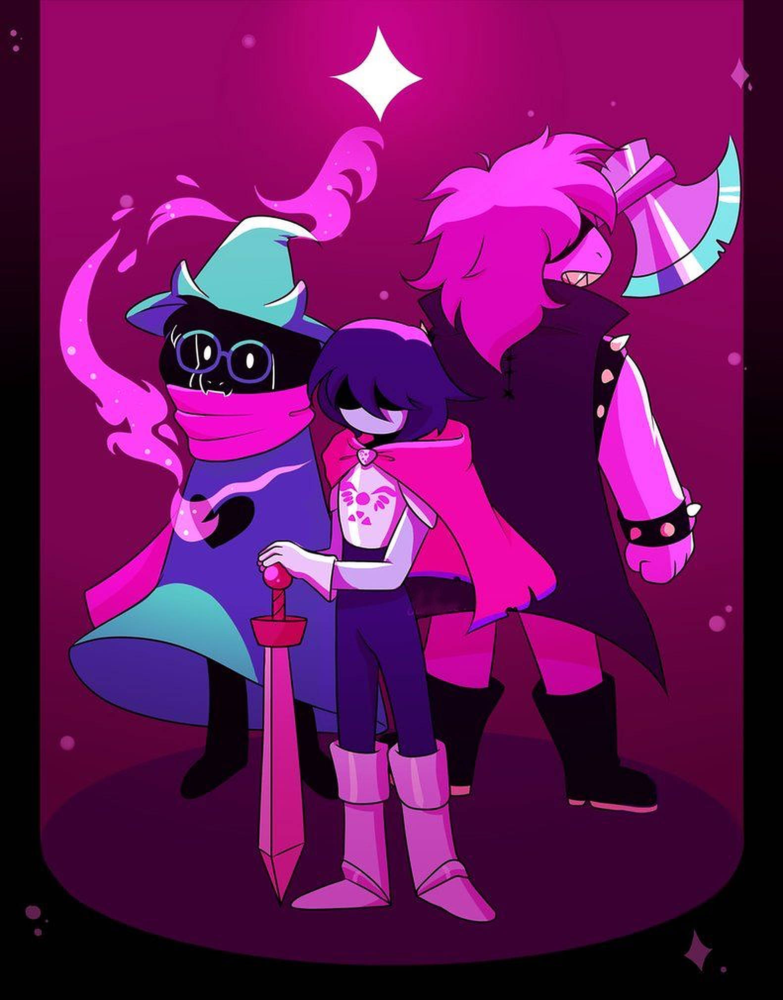 Ralsei 桌布 壁紙 — 三個風格化的動漫角色，以鮮豔的粉紅色和紫色色調，站在閃爍的星星下。
