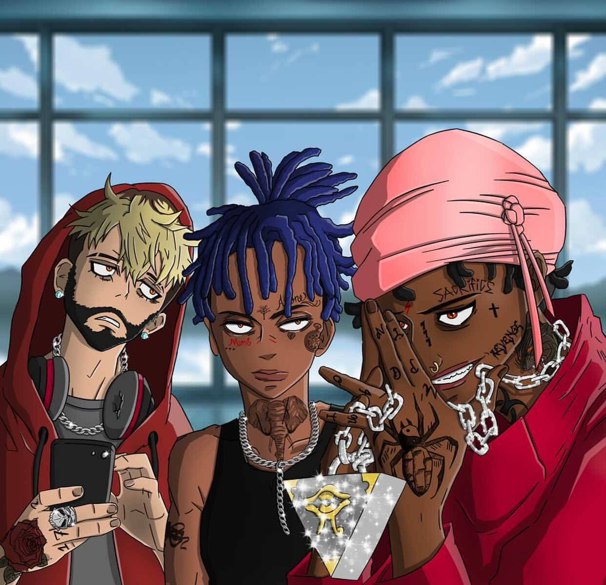 Rappers 桌布 壁紙 — 三個風格化的動漫角色，帶有刺青和鏈條，在明亮的窗戶背景下自信地在室內擺姿勢。