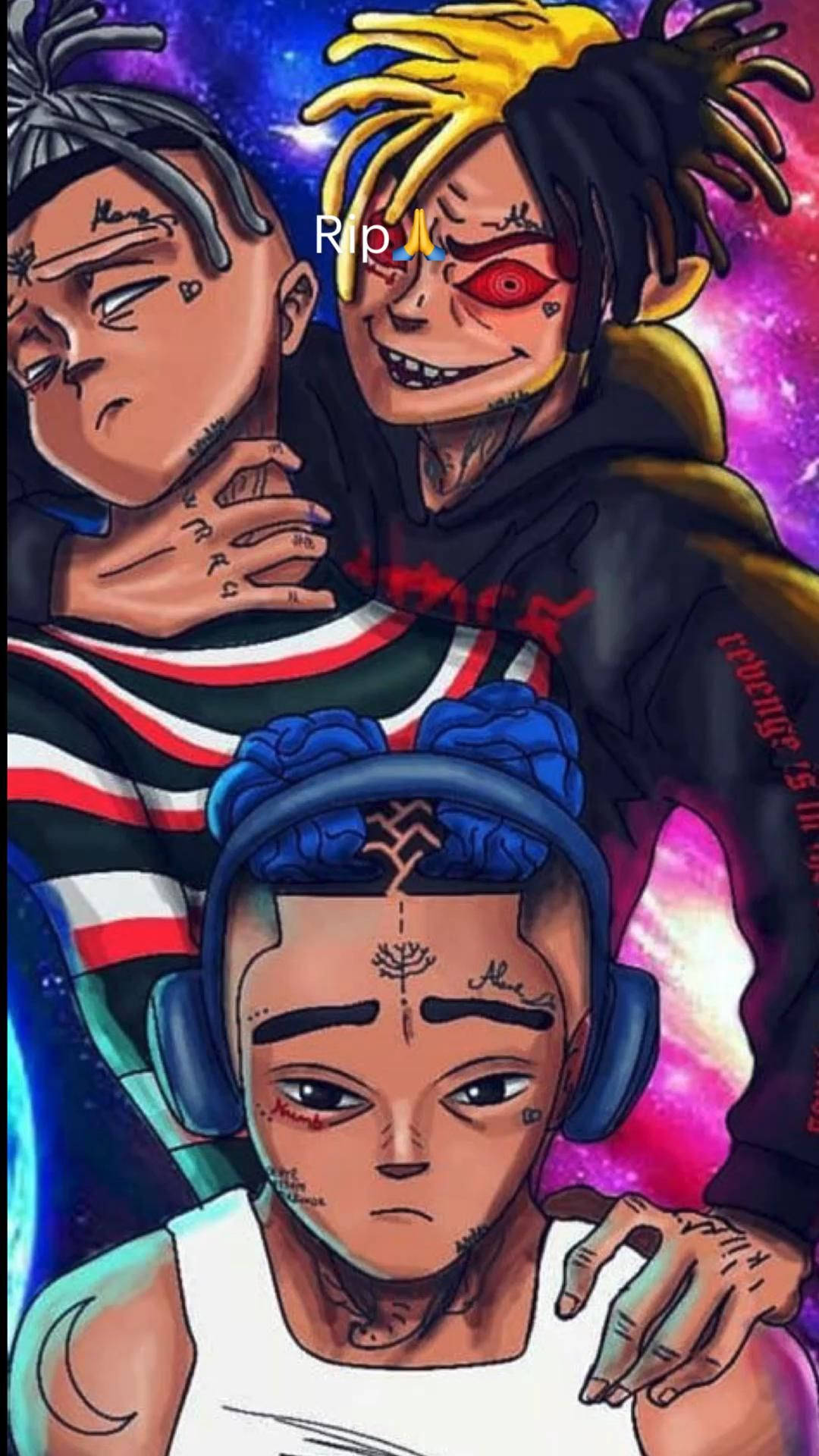 酷酷的xxxtentacion 桌布 壁紙 — 三個風格化的動漫角色，帶有刺青和富有表情的臉孔，以宇宙銀河背景襯托。