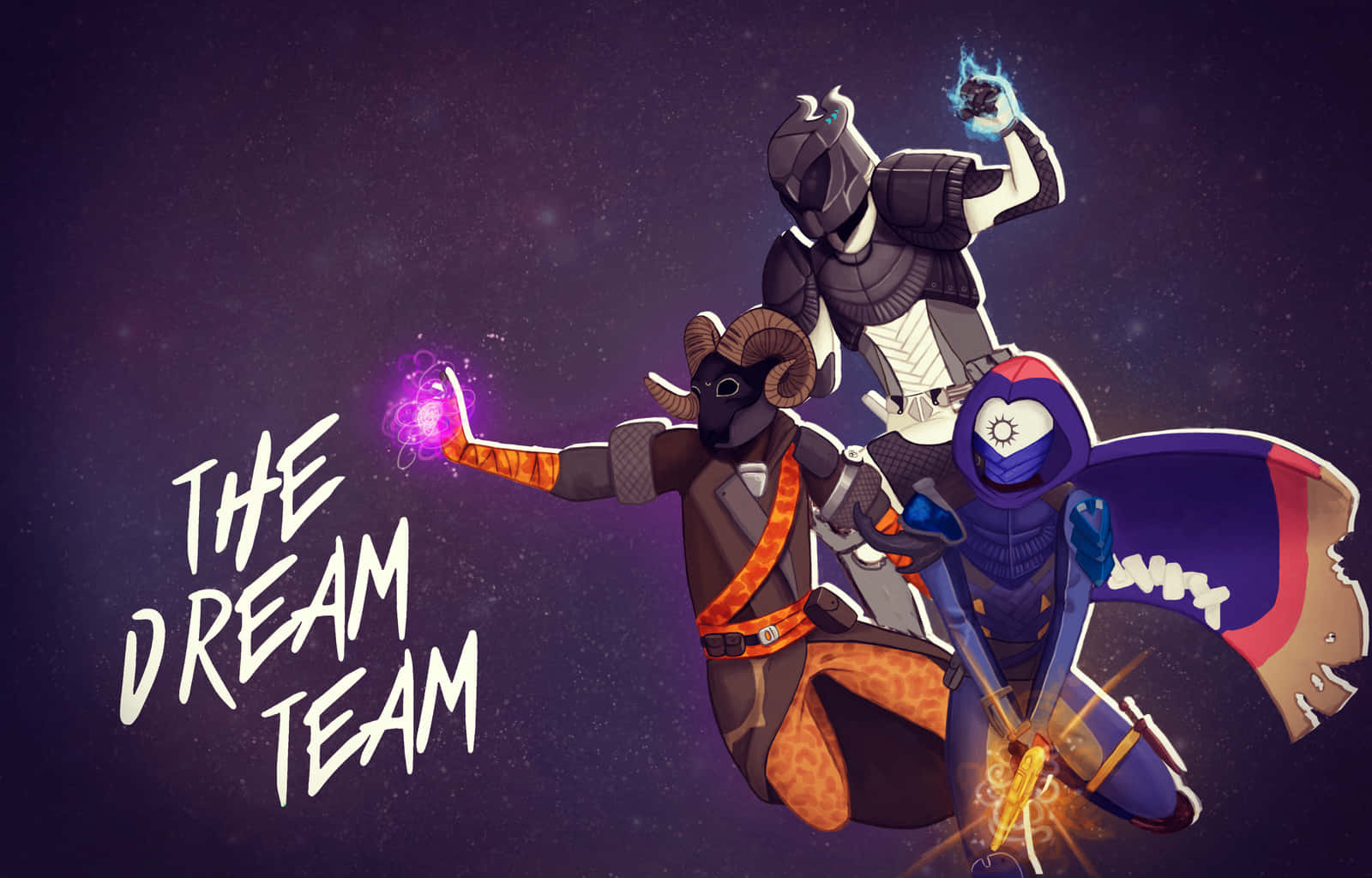 Dream Team 桌布 壁紙 — 三個風格化的動漫角色，帶有發光的魔法效果，在星空宇宙背景下漂浮，上方有文字「THE DREAM TEAM」。
