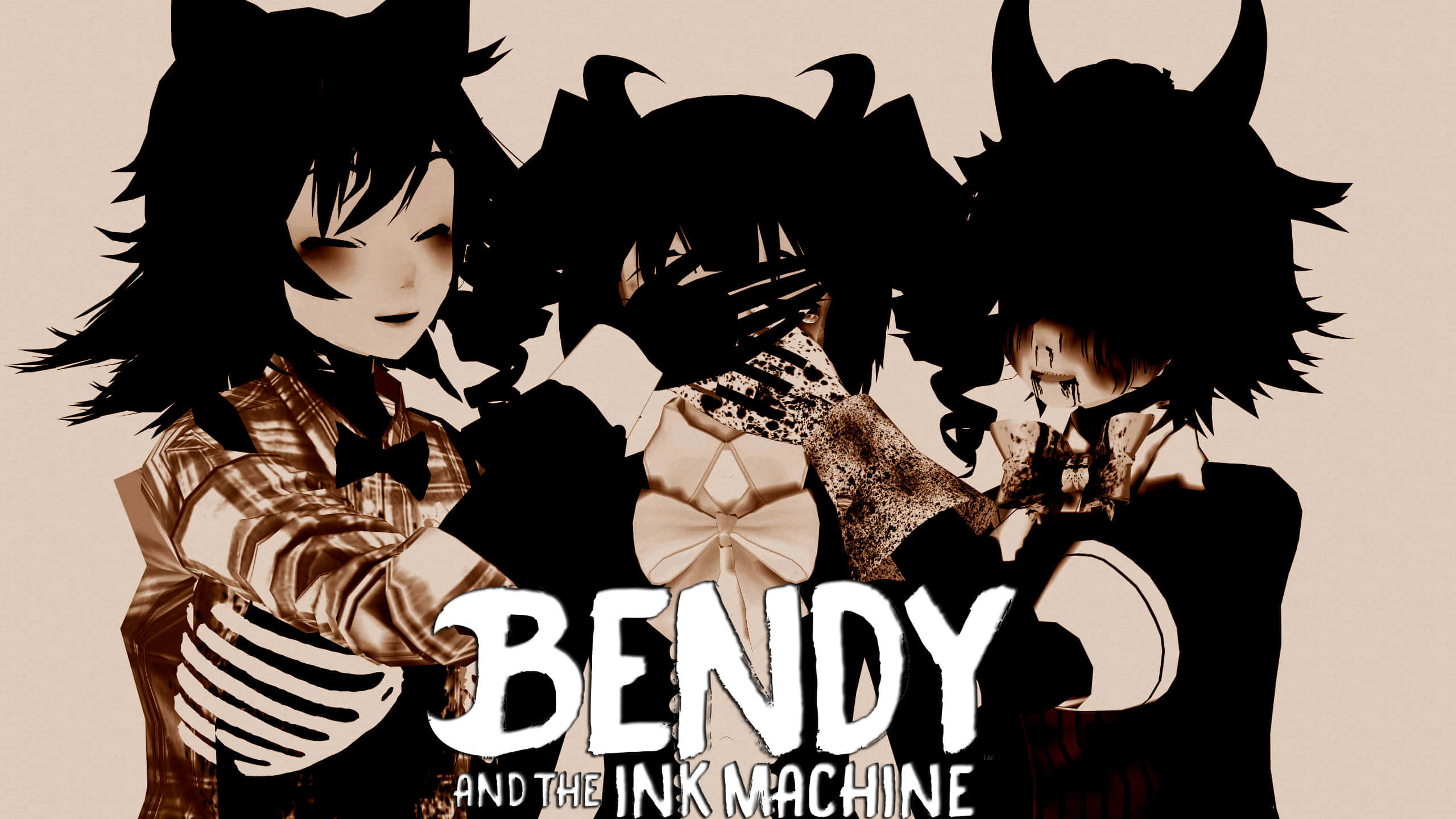 Bendy 桌布 壁紙 — 三個風格化的動漫角色，有角和深色頭髮，擠在一起，呈現復古棕褐色調的插圖，標題為 Bendy and the Ink Machine。