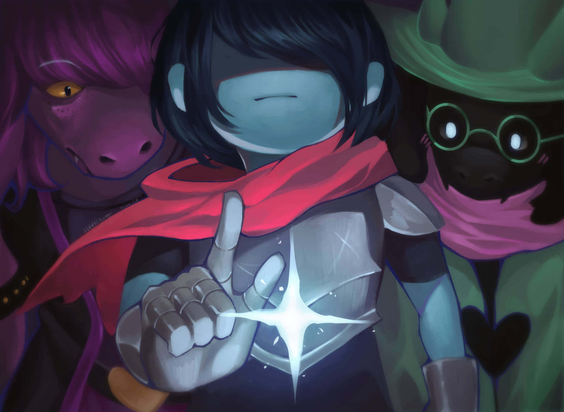 Deltarune 桌布 壁紙 — 三個風格化的動漫角色，眼睛發光，戴著紅色圍巾，在黑暗的奇幻場景中拿著一顆閃閃發光的星星。