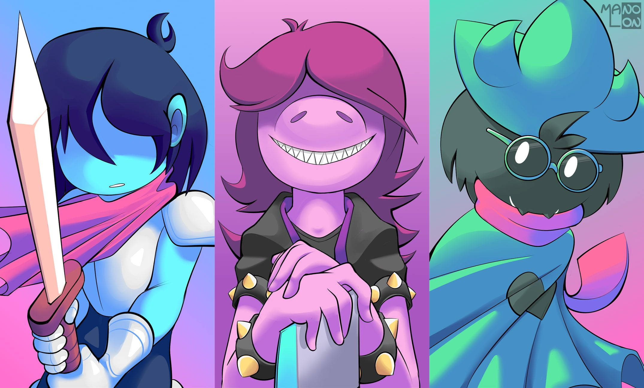 Deltarune 桌布 壁紙 — 三個風格化的動漫角色，色彩鮮豔，表情豐富，並排站在漸變背景前。