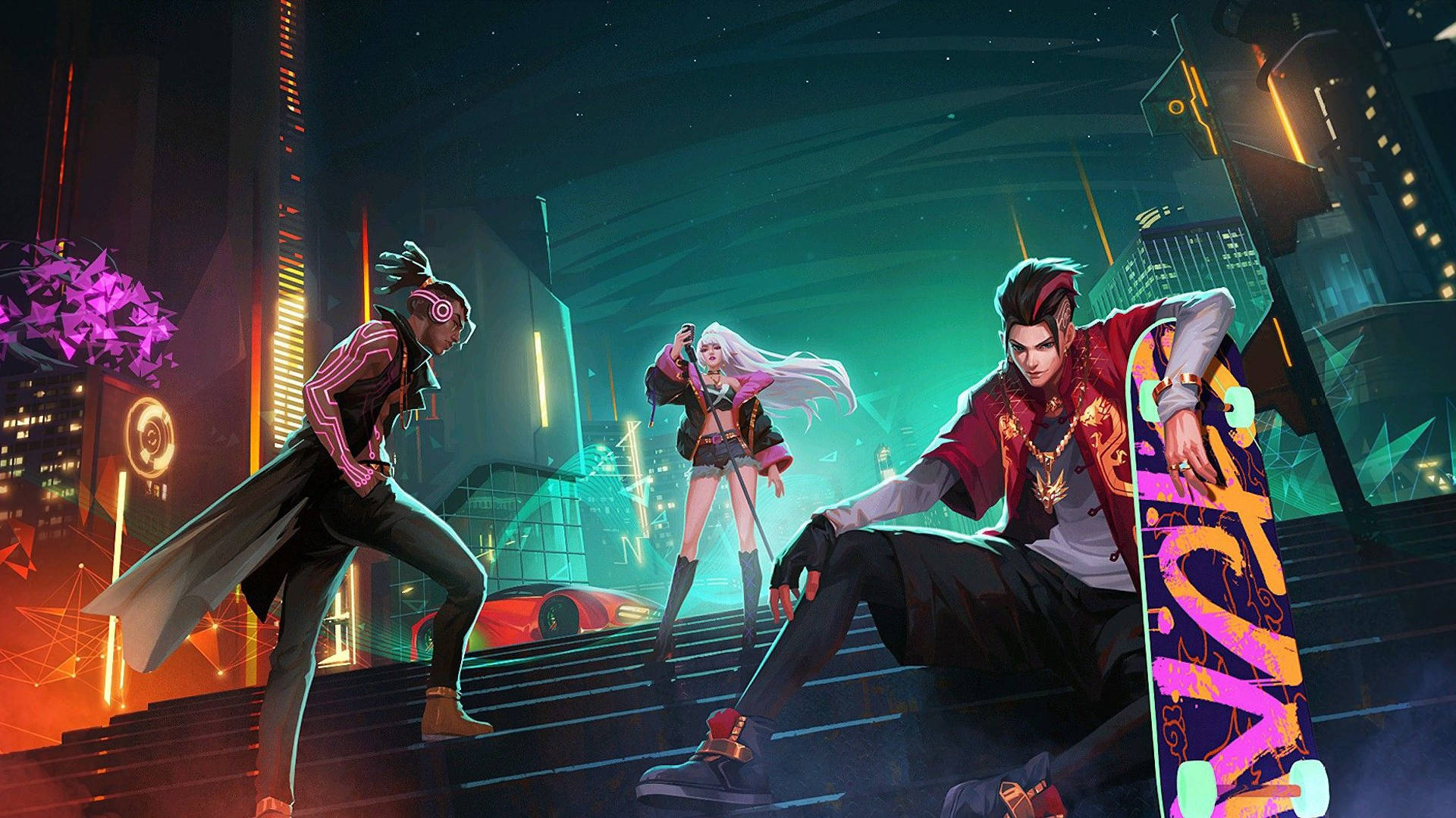 Mobile Legends 動態圖 桌布 壁紙 — 三個風格化的動漫角色在星光燦爛的夜空下，在發光的霓虹燈城市樓梯上動態擺姿勢。