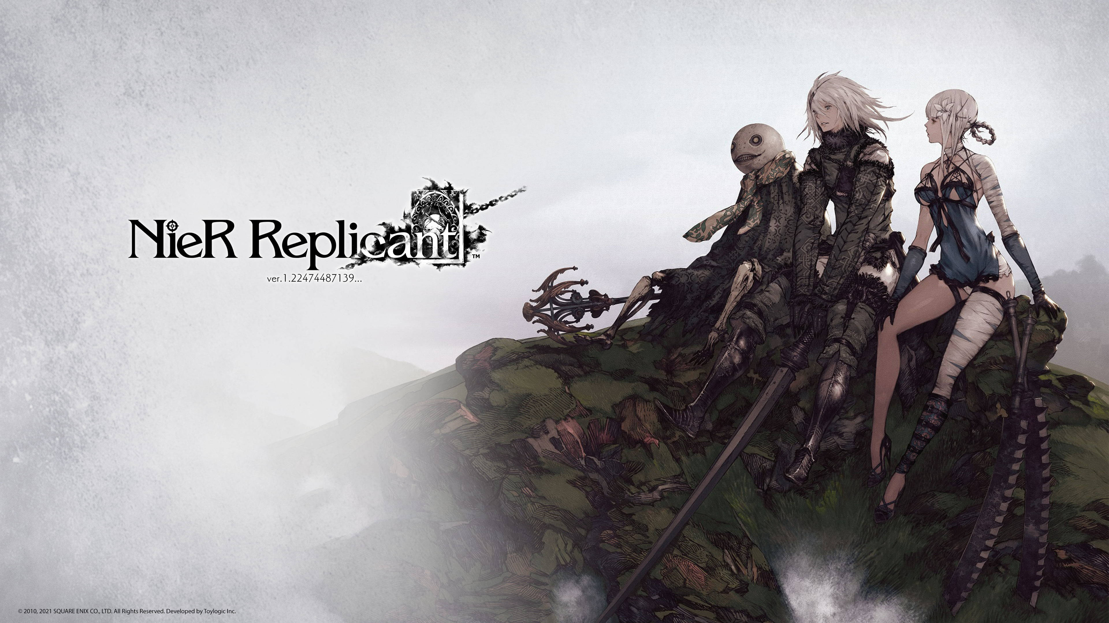 Nier 桌布 壁紙 — 三個風格化的動漫角色坐在長滿苔蘚的懸崖邊，背景是霧濛濛的灰色天空，帶有遊戲標題文字。