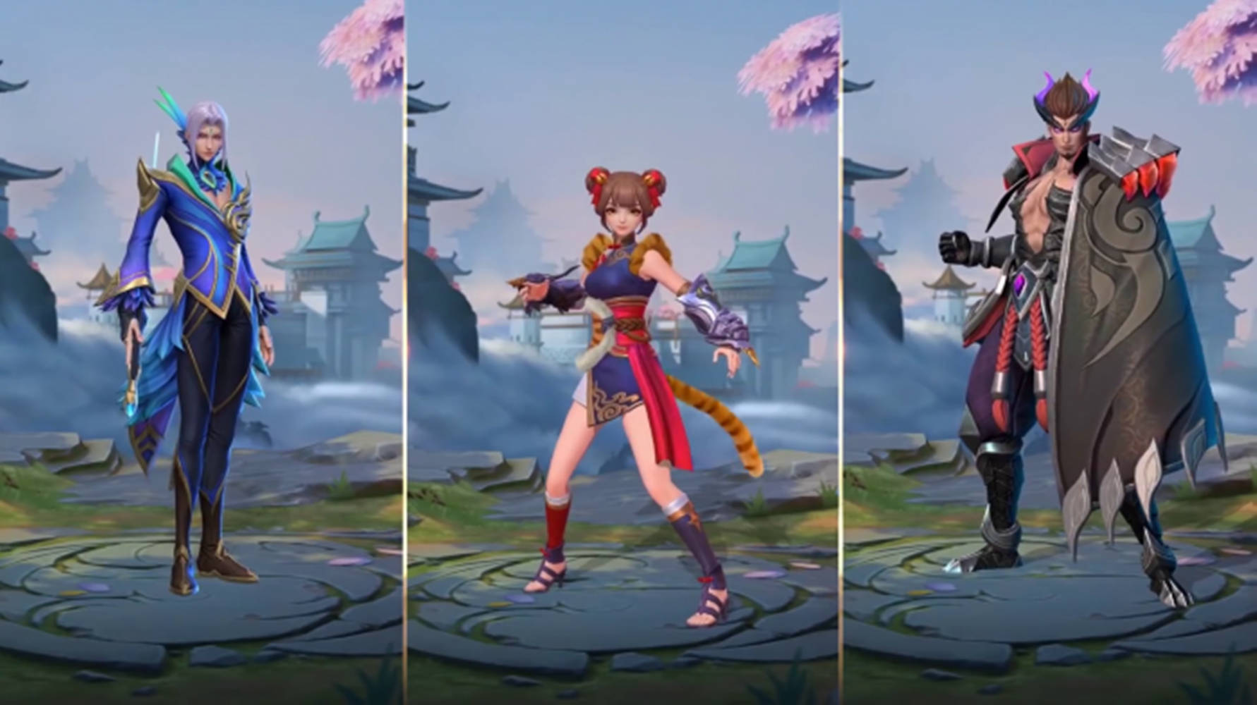 Mobile Legends 動態圖 桌布 壁紙 — 三個風格化的動漫角色站在石台上，背景是霧氣瀰漫的傳統亞洲風景，點綴著櫻花。