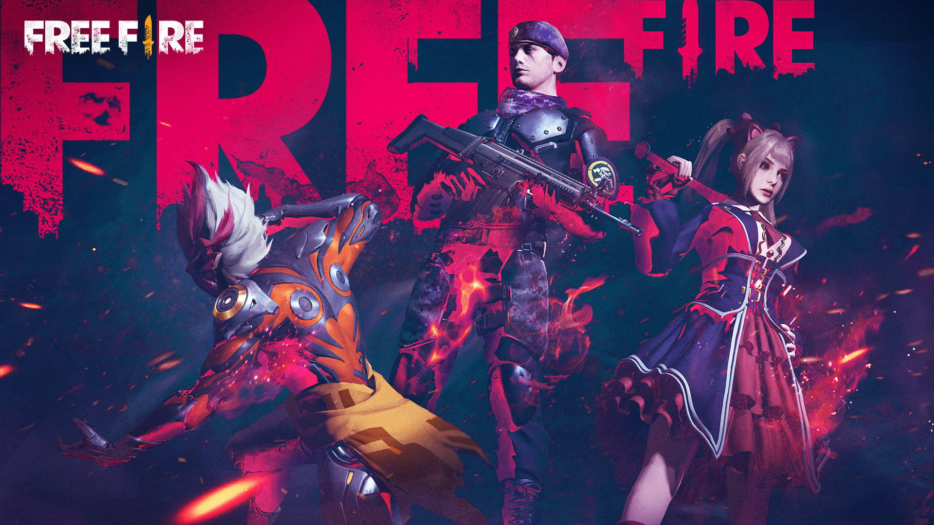 Free Fire 桌布 壁紙 — 三個風格化的動漫角色身穿戰鬥裝備，站在黑暗背景上的火花中，並有粗體紅色文字。
