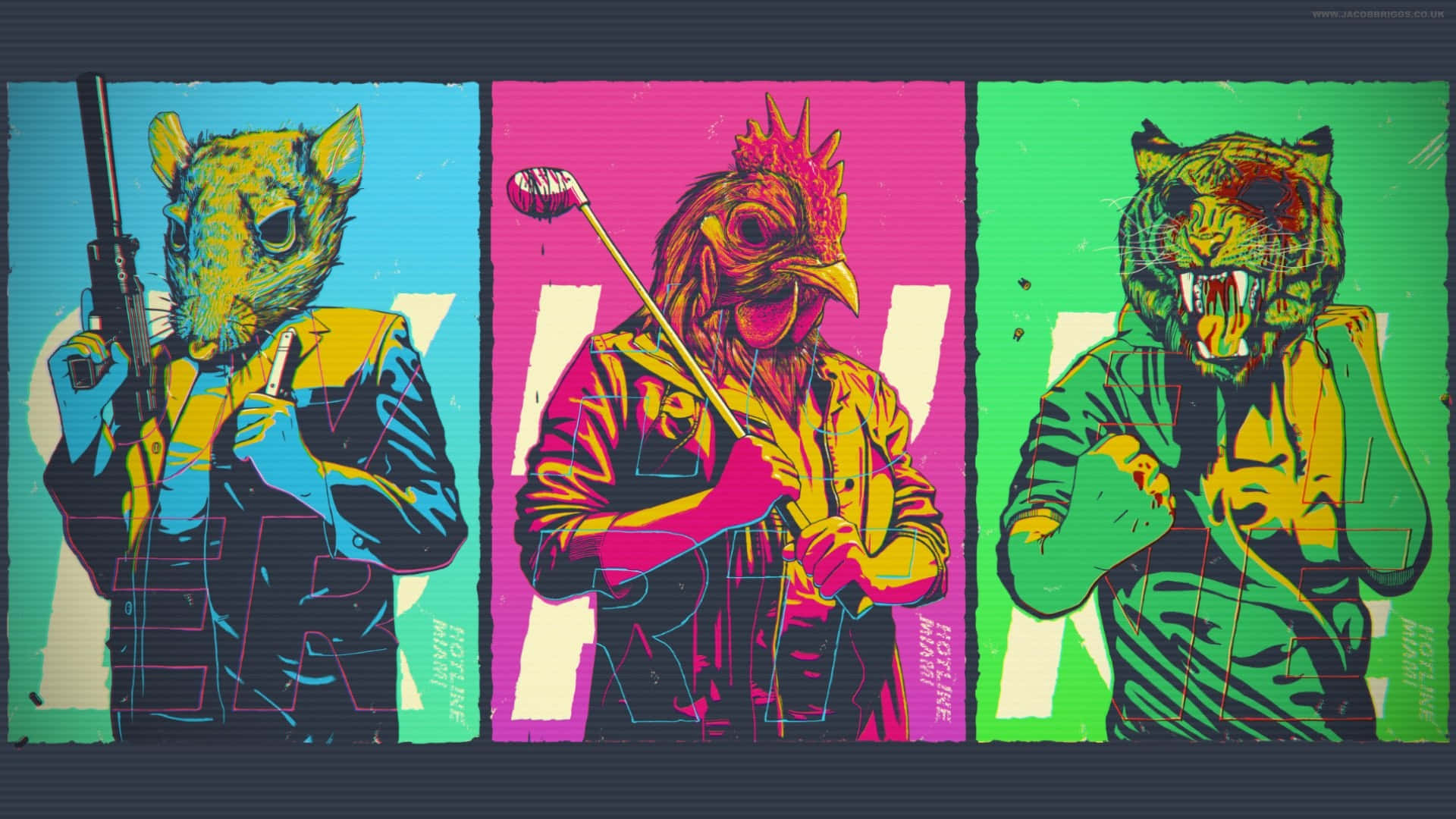 Hotline Miami 桌布 壁紙 — 三個風格化的動物角色，以鮮豔色彩呈現，各自手持武器或工具，背景充滿活力。