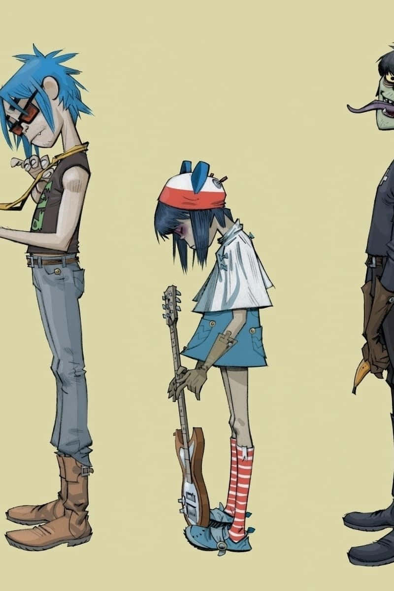 band 桌布 壁紙 — 三個風格化的動畫樂隊成員站在純米色背景前，一個拿著吉他，另一個拿著香蕉，第三個有尖刺的藍色頭髮和太陽眼鏡。