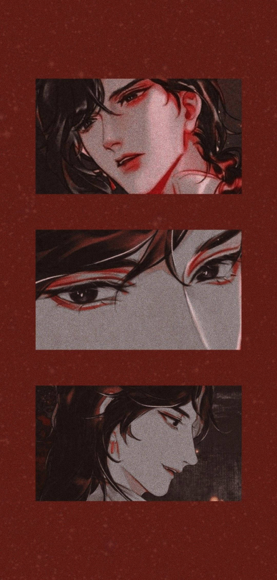 花城 桌布 壁紙 — 三個風格化的動畫肖像，描繪一個深色頭髮的男性角色，帶有紅色點綴，背景為有紋理的深紅色。