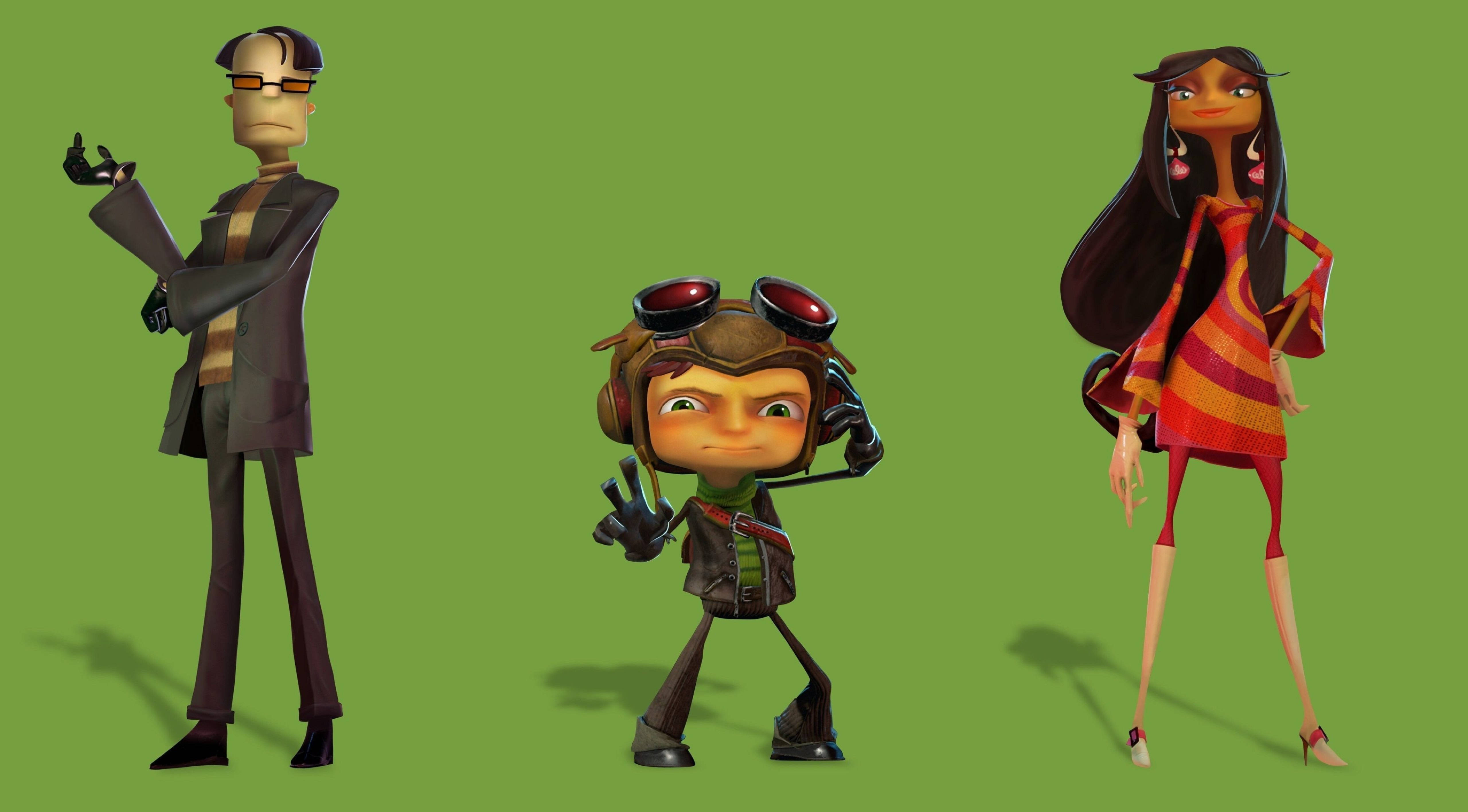 Psychonauts 桌布 壁紙 — 三個風格化的動畫角色在純綠色背景上自信地擺姿勢，帶有柔和陰影。
