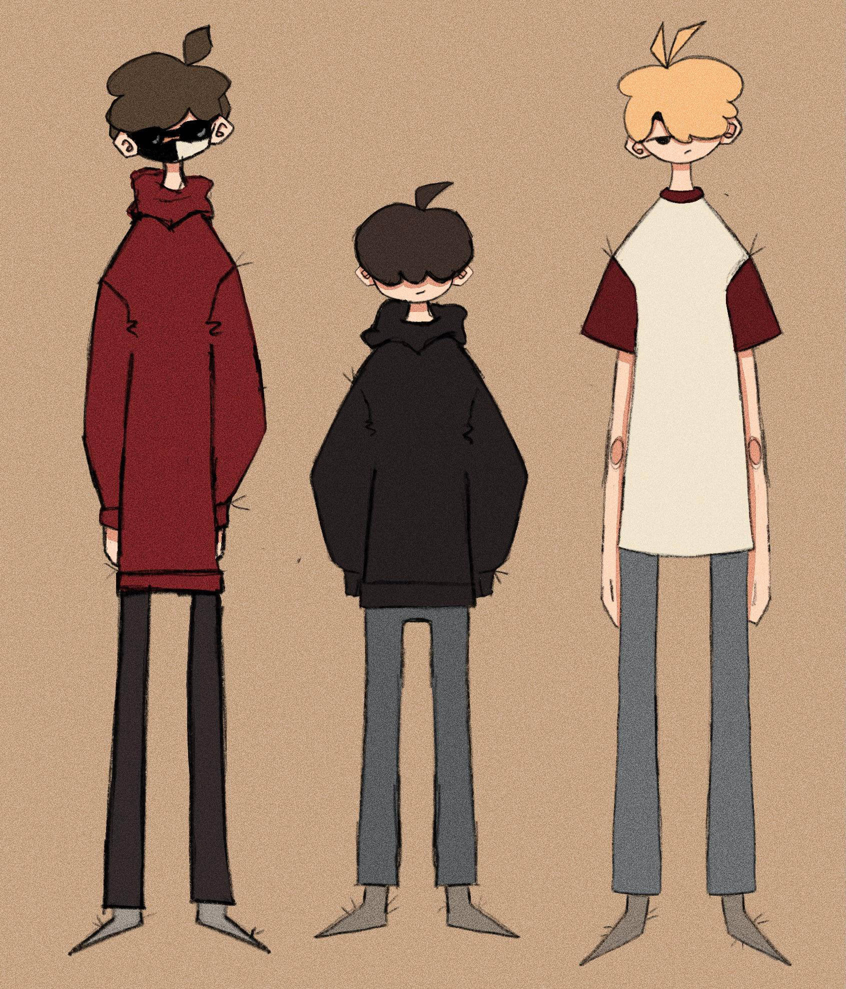 Friends Aesthetic 桌布 壁紙 — 三個風格化的卡通人物並排站在簡約的米色背景上，每個人都穿著連帽衫和褲子，擁有獨特的頭髮和面部特徵。