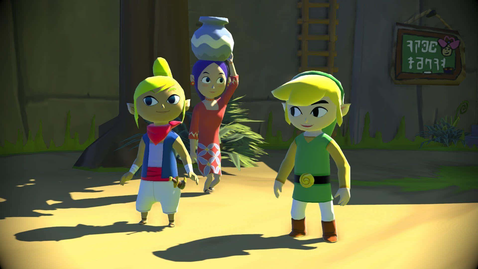 The Legend Of Zelda The Wind Waker 桌布 壁紙 — 三個風格化的卡通人物站在陽光明媚的村莊庭院中，其中一個在頭上平衡一個花瓶。