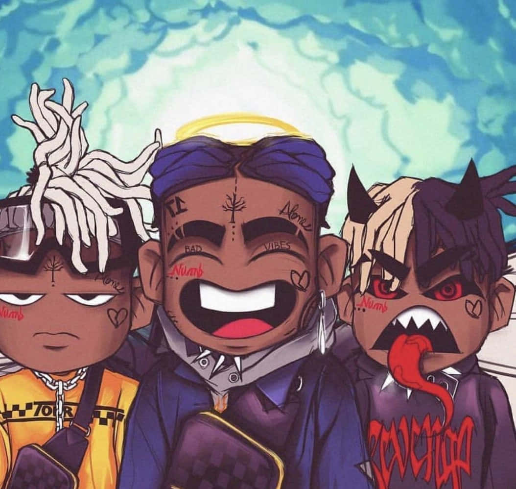 Anime Rapper 桌布 壁紙 — 三個風格化的卡通角色，帶有天使、魔鬼和中性的表情，站在旋轉的青綠色背景前。