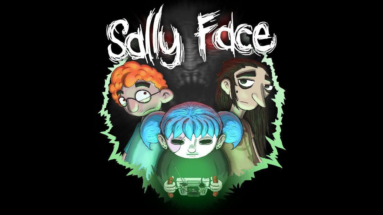 Sally Face 桌布 壁紙 — 三個風格化的卡通角色，表情詭異，帶有發光的綠色輪廓，背景為黑色。