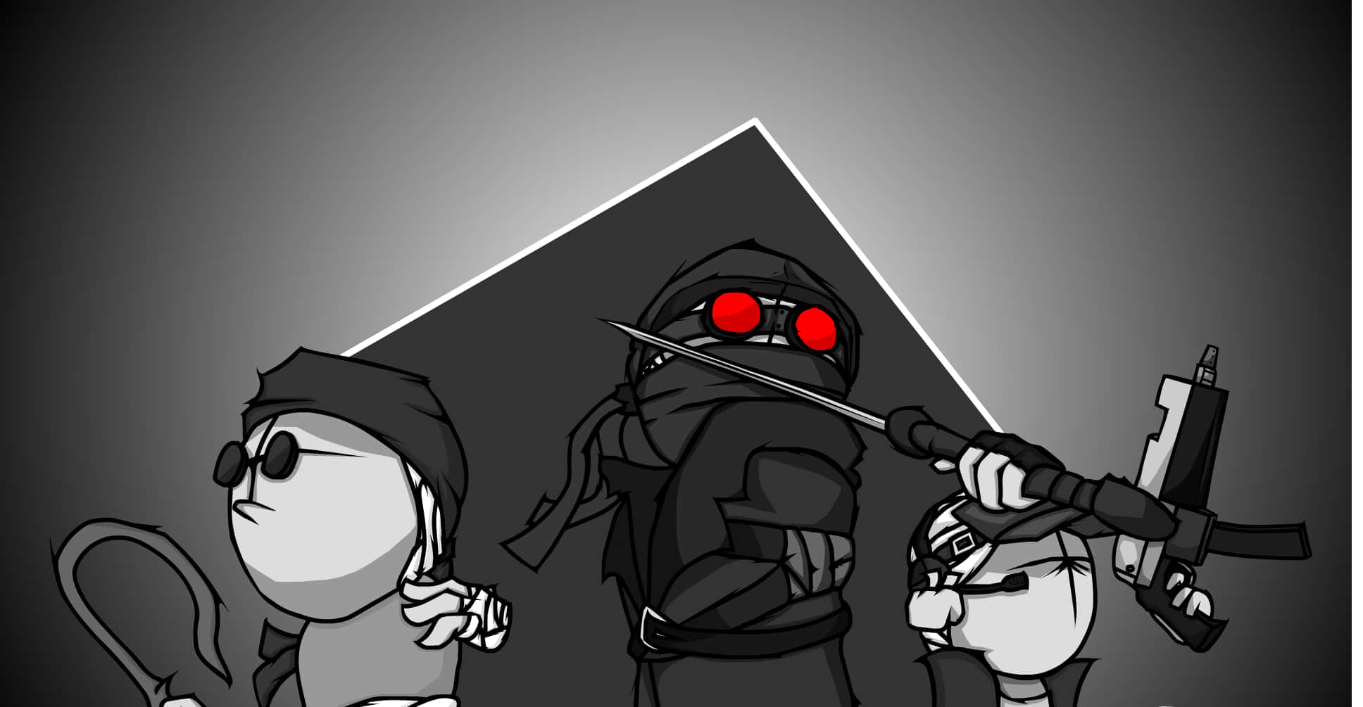 Madness Combat 桌布 壁紙 — 三個風格化的卡通角色，身穿黑色裝備，眼睛發出紅光，在深色漸變背景前手持武器。
