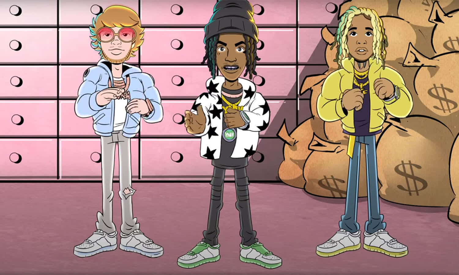 Ynw Melly Cartoon 桌布 壁紙 — 三個風格化的卡通角色穿著時尚街頭服飾，自信地站在粉紅色保險庫和一堆堆錢袋前。