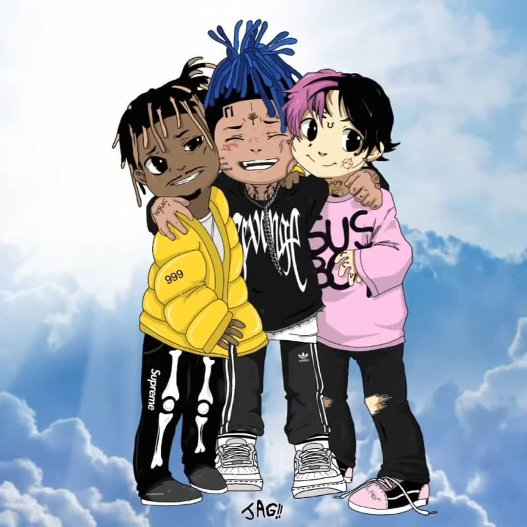 xxxtentacion 動畫 桌布 壁紙 — 三個風格化的卡通說唱歌手穿著時尚街頭服飾，在明亮的多雲天空下擁抱。