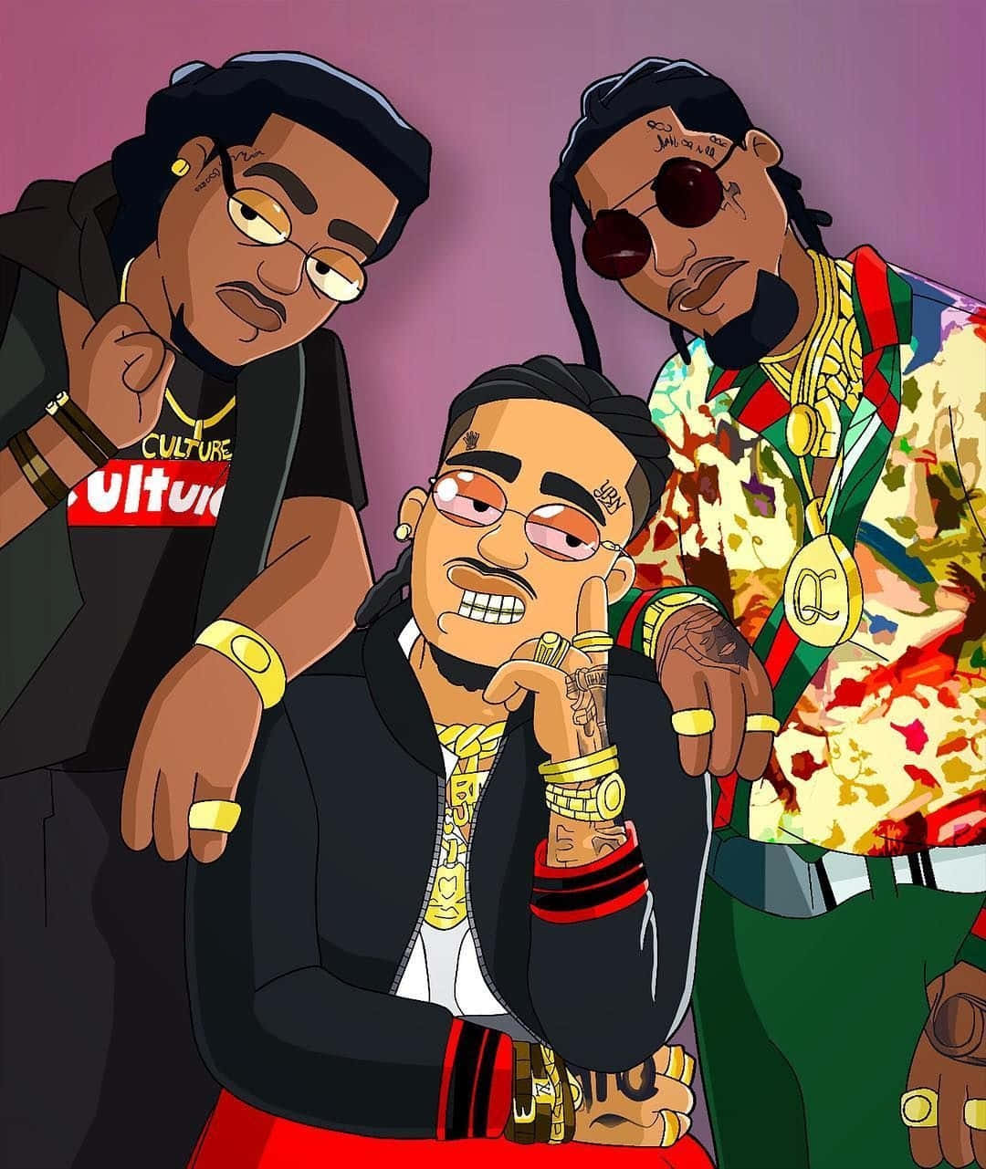 quavo 桌布 壁紙 — 三個風格化的卡通饒舌歌手穿著閃亮的服裝，在紫色背景前自信地擺姿勢。