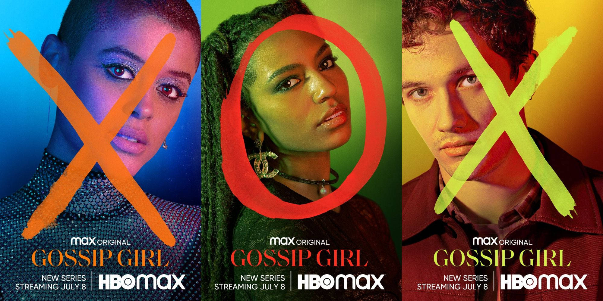 HBO 桌布 壁紙 — 三個風格化的名人肖像，帶有鮮豔的彩色 X 和圓圈，襯托在充滿活力的單色背景上，宣傳電視劇集。
