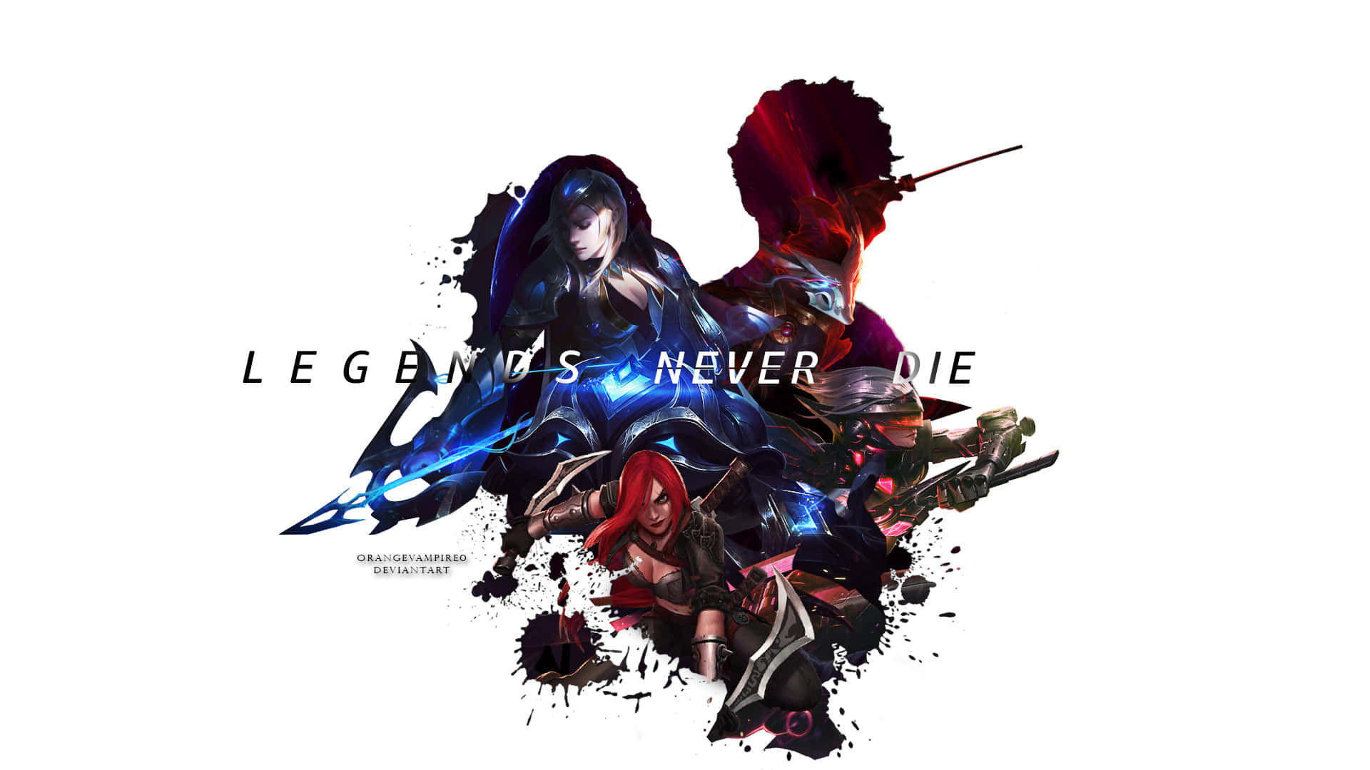 Legends Never Die 桌布 壁紙 — 三個風格化的奇幻戰士，以動態姿勢呈現，手持發光武器，帶有黑色潑濺效果，背景為白色。