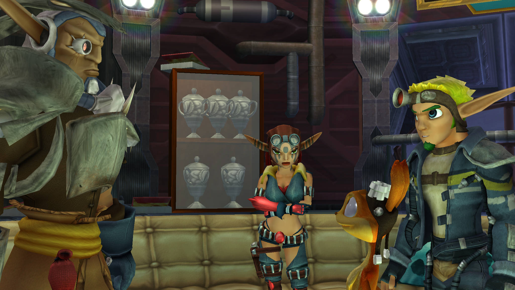 Jak 3 桌布 壁紙 — 三個風格化的奇幻角色在燈光昏暗的科幻酒吧中，展示著獎盃。