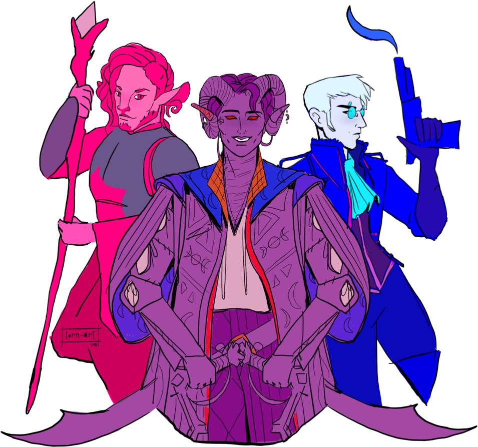Bisexual 桌布 壁紙 — 三個風格化的奇幻角色手持發光武器，在黑色背景前以鮮豔的霓虹色彩站立。