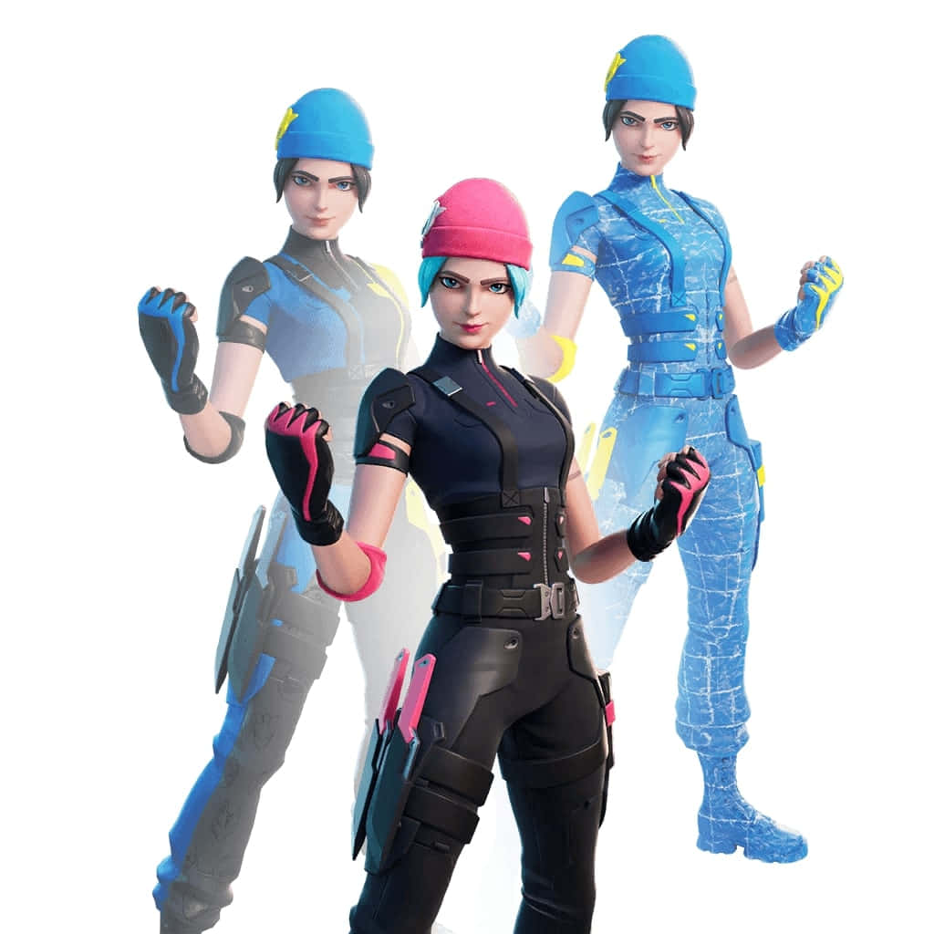 Fortnite 桌布 壁紙 — 三個風格化的女性角色穿著未來風格的戰鬥裝備，在白色背景前自信地擺姿勢。