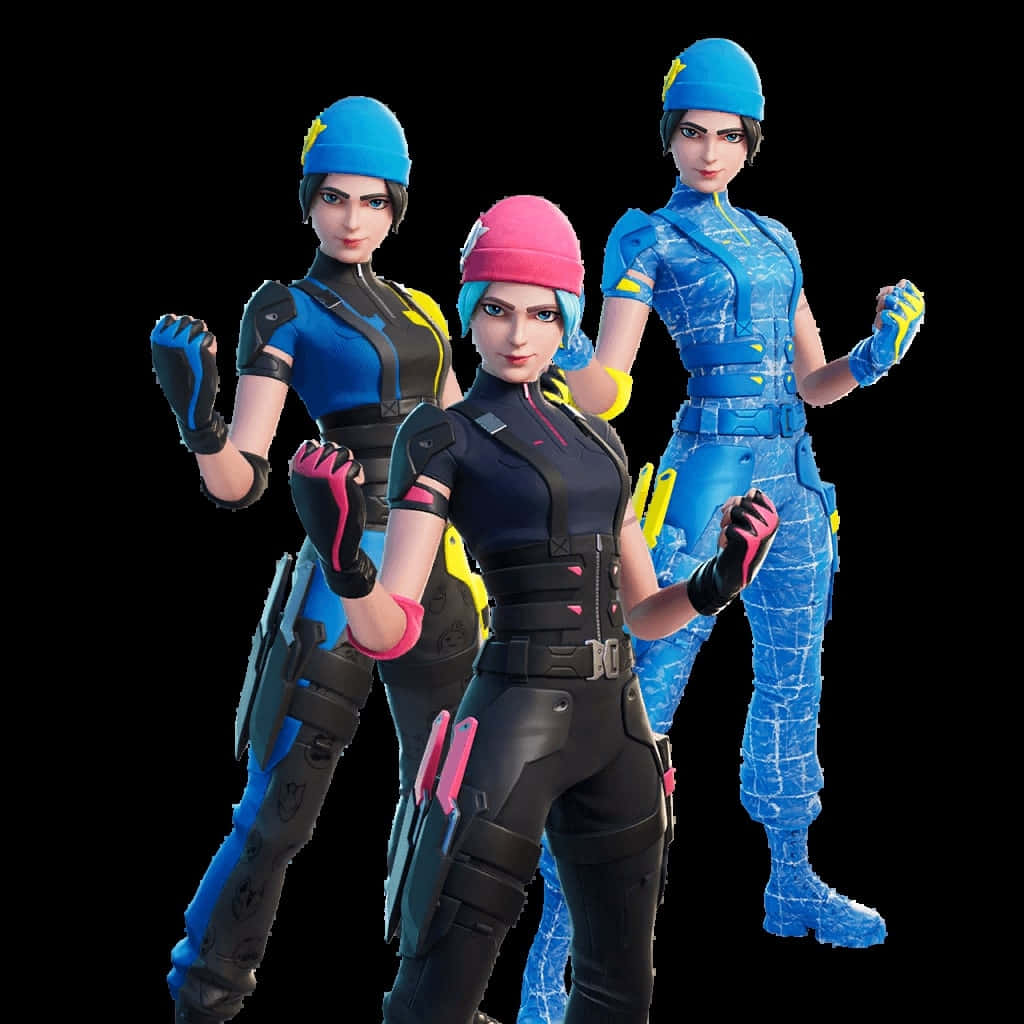 Fortnite 桌布 壁紙 — 三個風格化的女性電子遊戲角色穿著未來戰鬥裝備，在黑色背景前自信地擺姿勢。