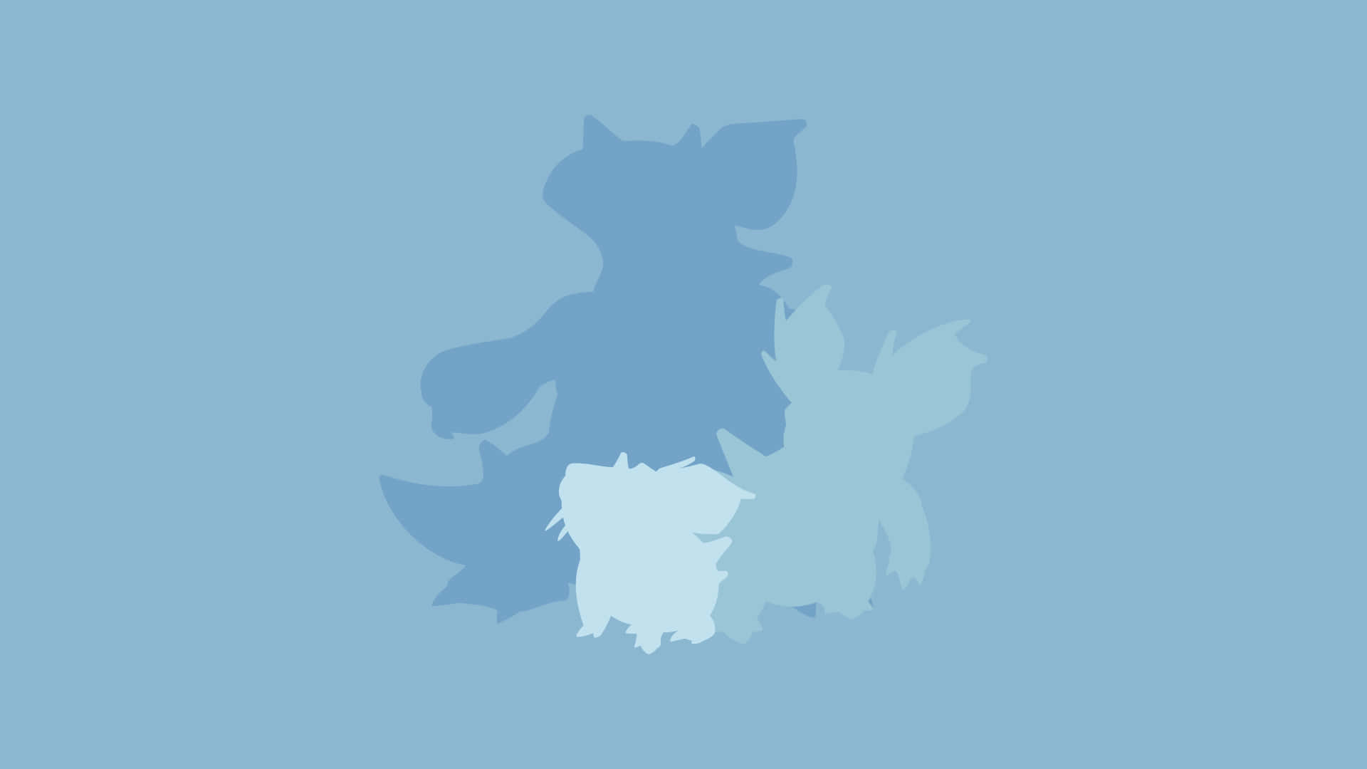 寶可夢 桌布 壁紙 — 三個風格化的寶可夢剪影，以層疊的藍色調呈現，背景為純淺藍色。
