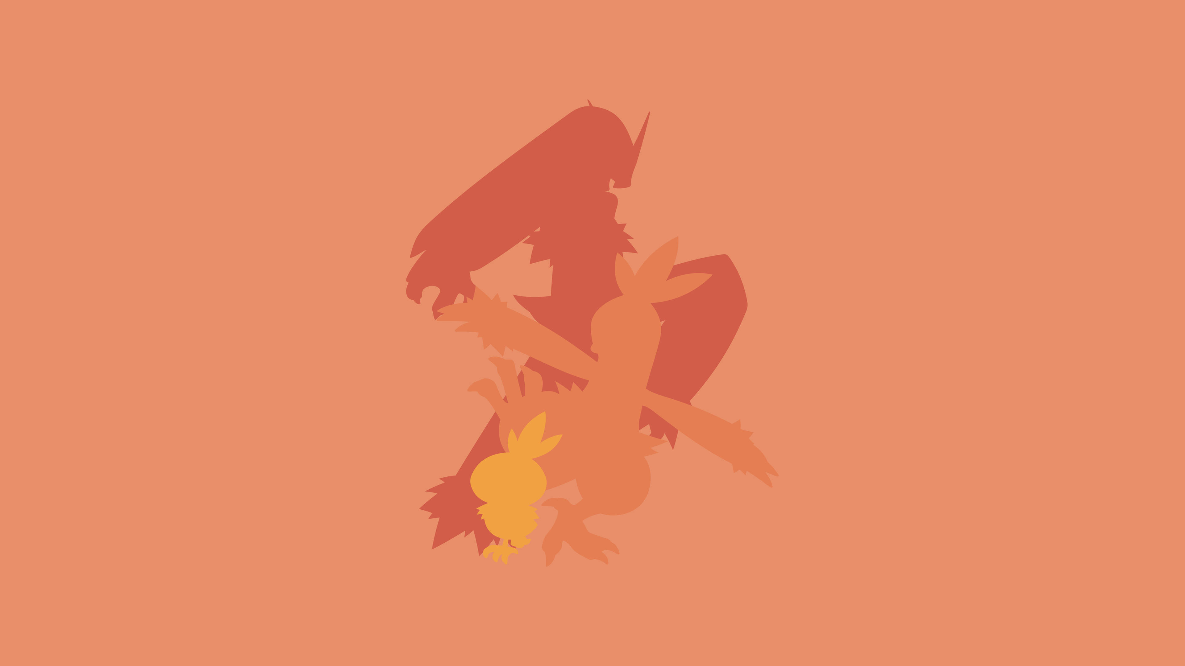 Blaziken 桌布 壁紙 — 三個風格化的寶可夢剪影，以層疊的橙色漸變呈現，背景為純蜜桃色。