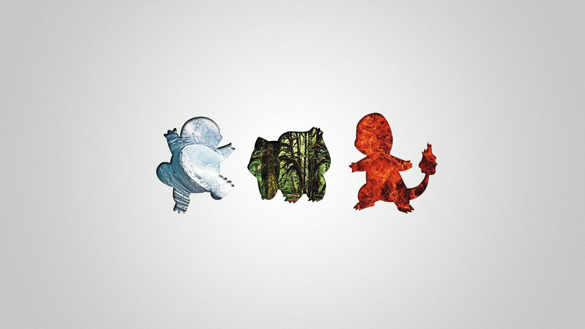 Squirtle 桌布 壁紙 — 三個風格化的寶可夢剪影，填充了冰森林和熔岩紋理，背景為純色。