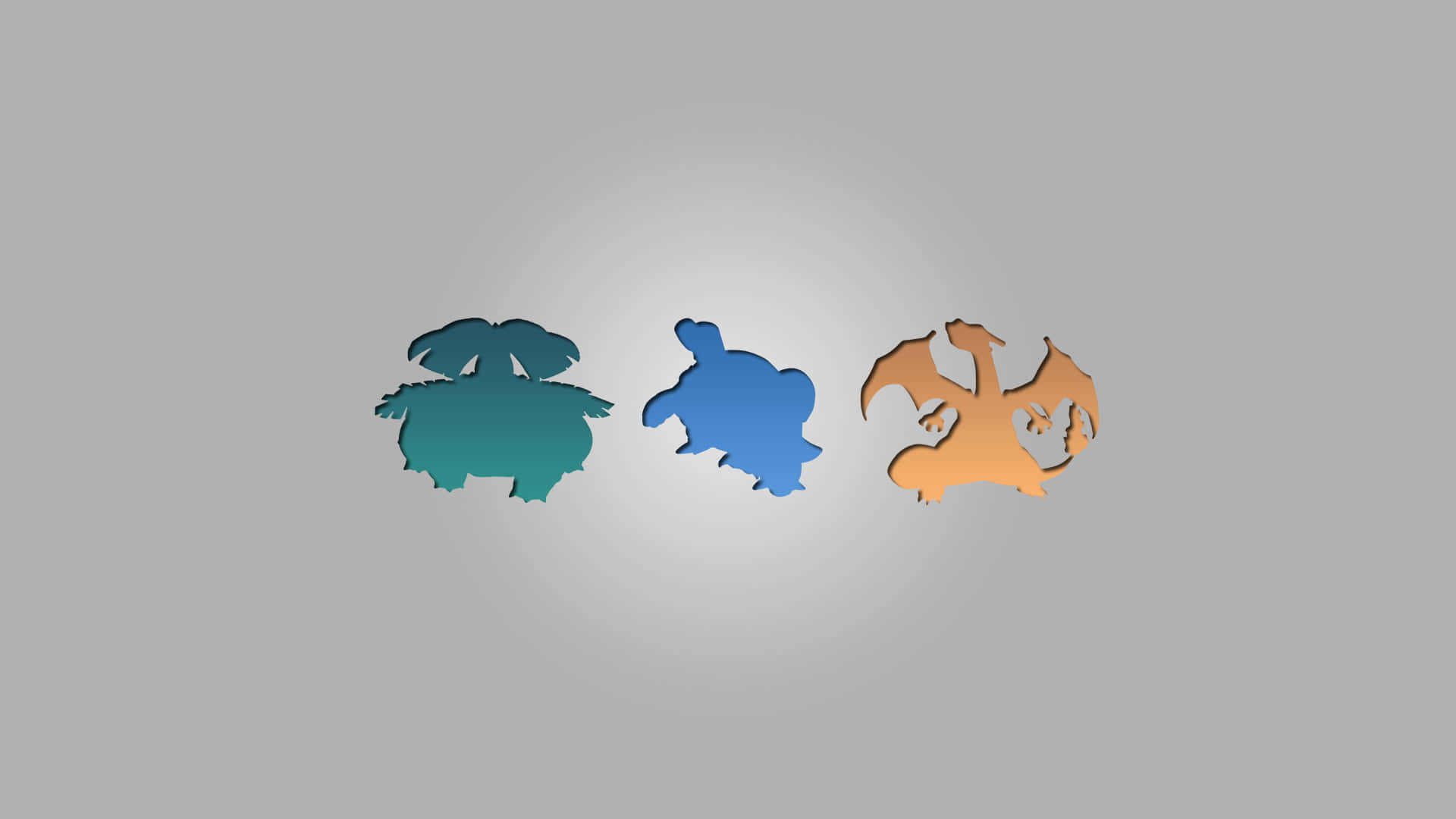 Pokemon Stickers 桌布 壁紙 — 三個風格化的寶可夢剪影，帶有青藍色和橙色的漸變色，漂浮在柔和的灰色背景上。